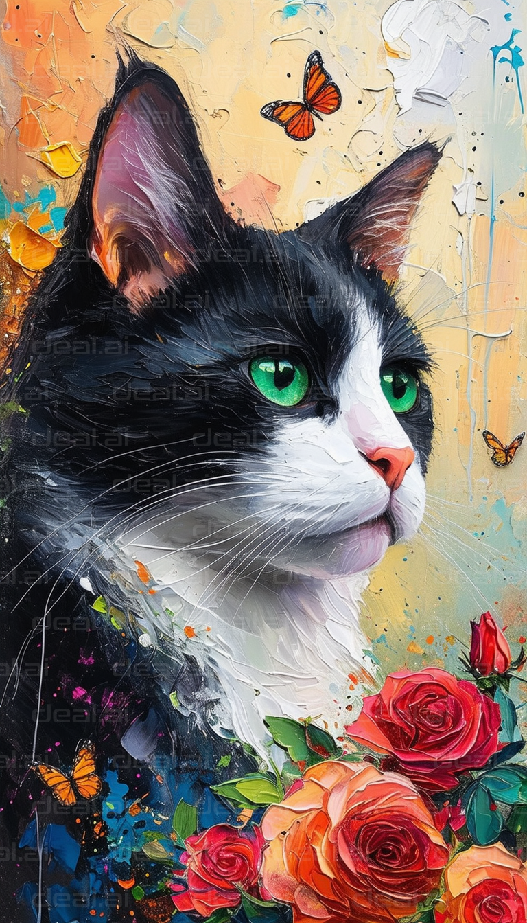 Vibrant Cat with Butterflies and Roses