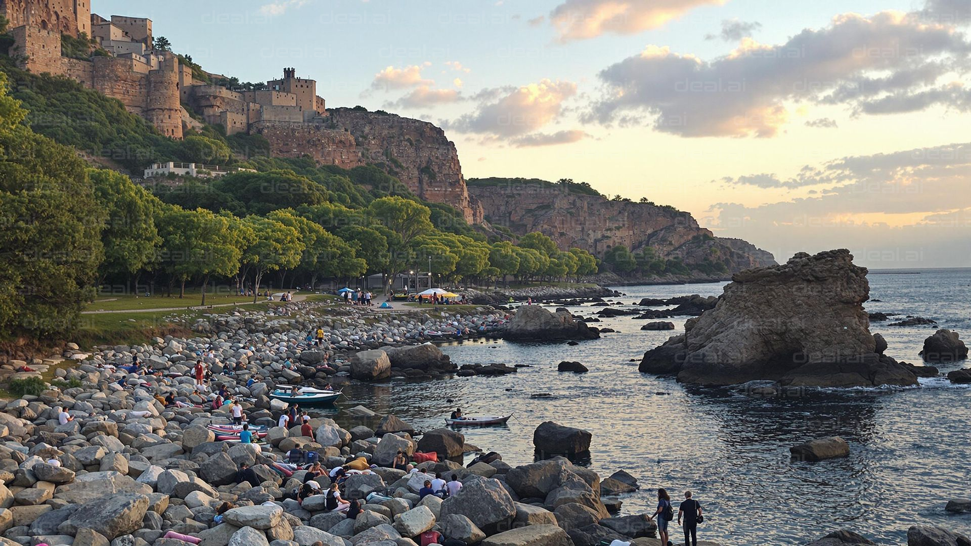 Medieval Cliffside Castle at Sunset