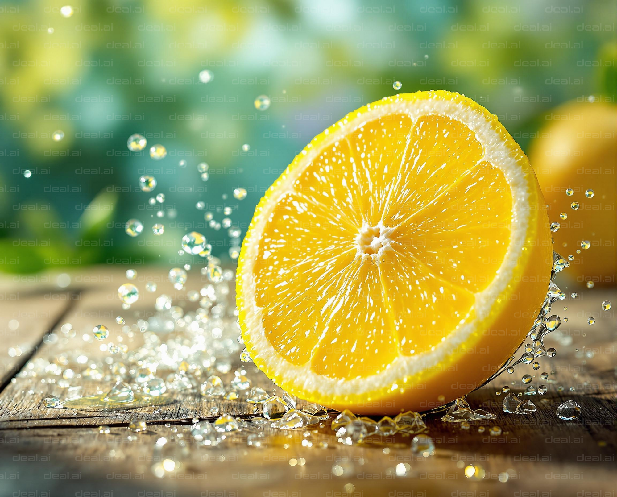Sunny Lemon Splash on Wood Surface