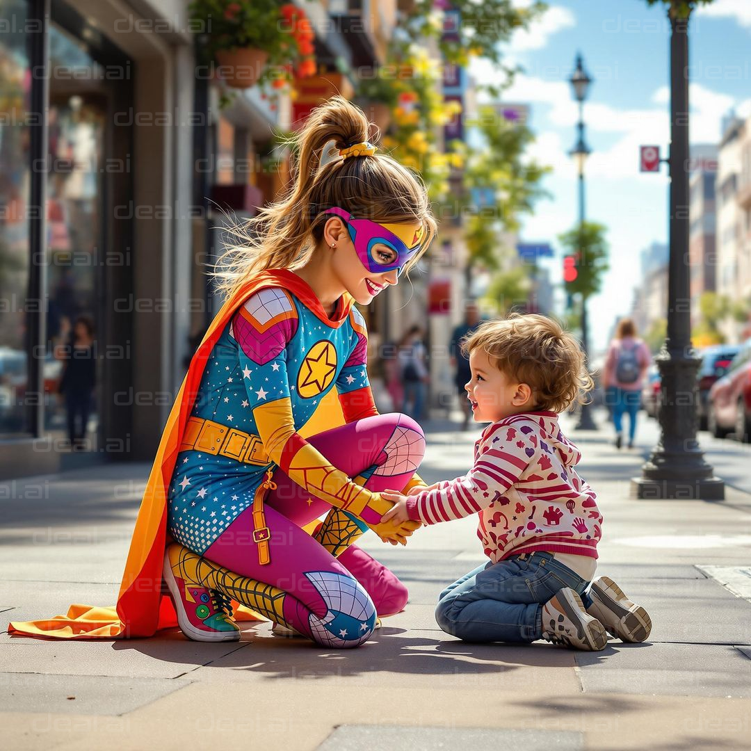 Superheroine and Toddler Bonding