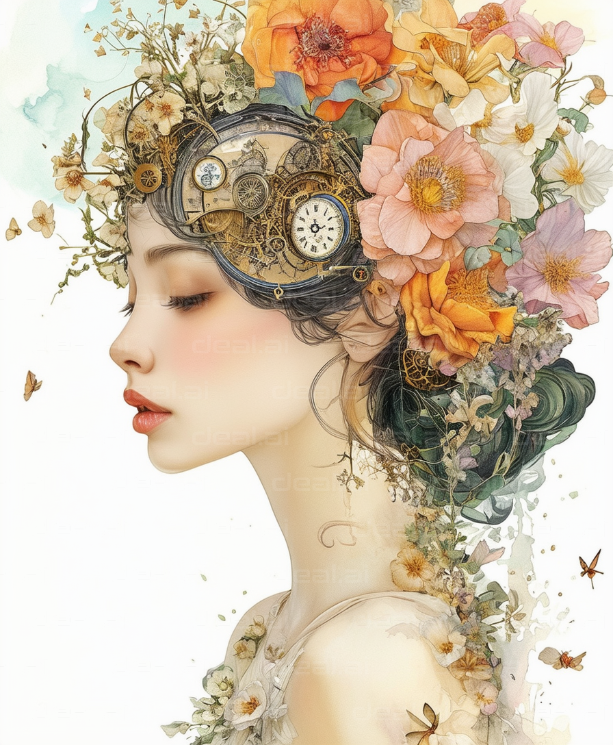 Floral Timepiece Fantasy Portrait