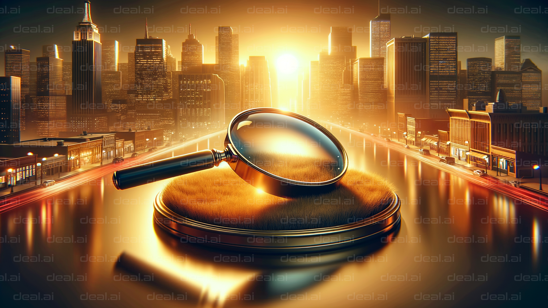 "City Skyline and Magnifying Glass"