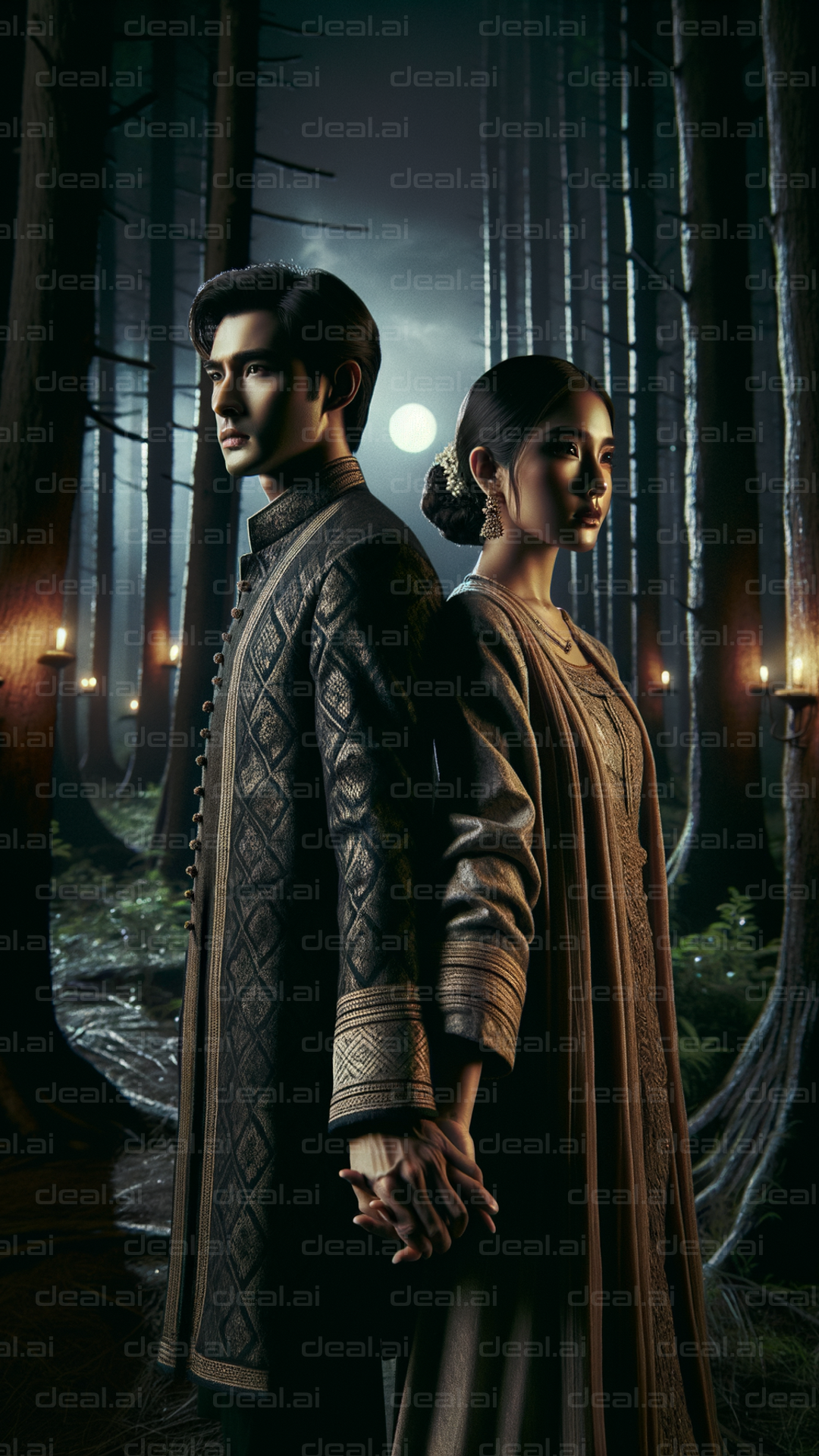 "Ethereal Couple in Moonlit Forest"