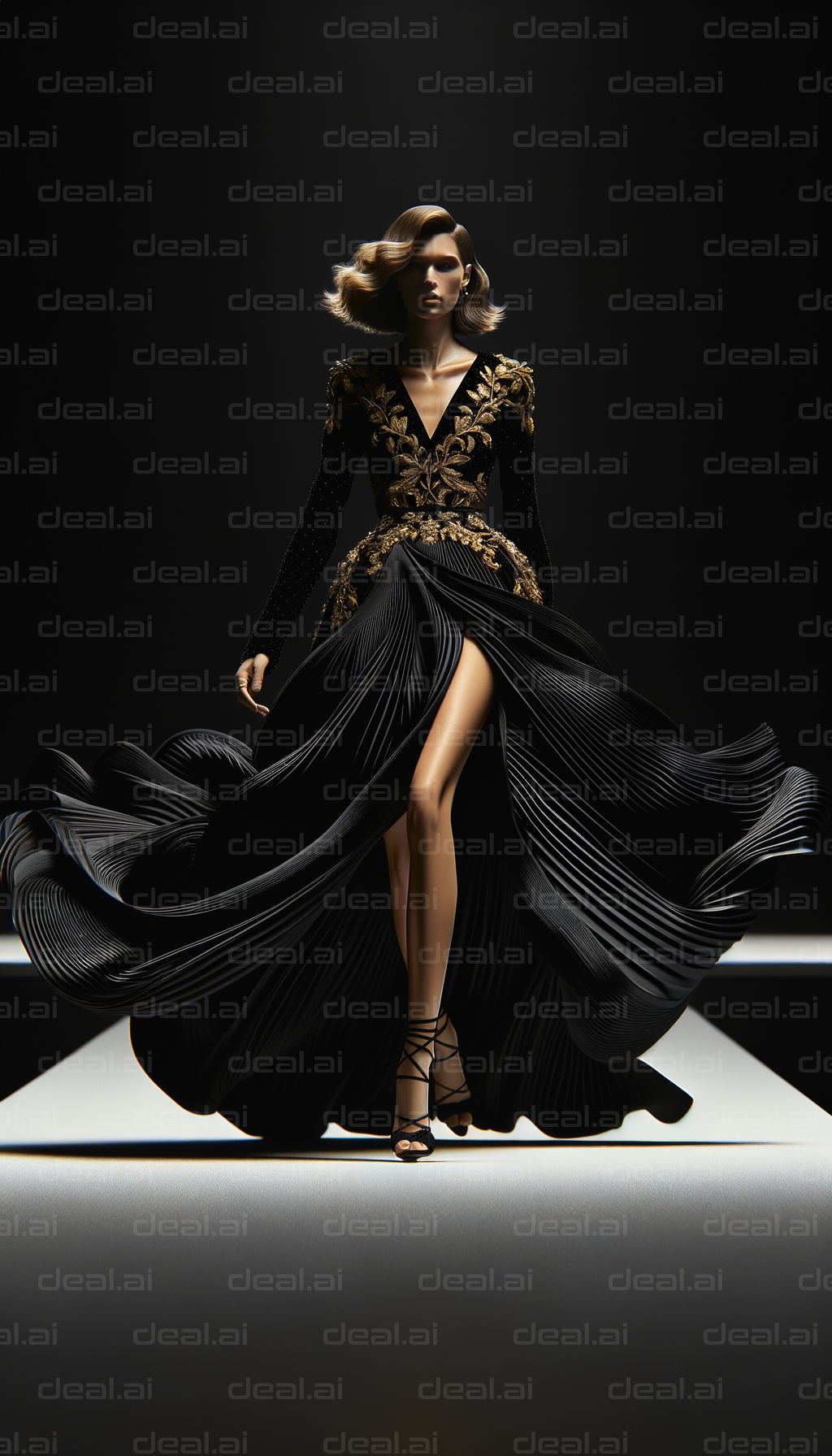 "Elegant Runway Fashion in Black and Gold"