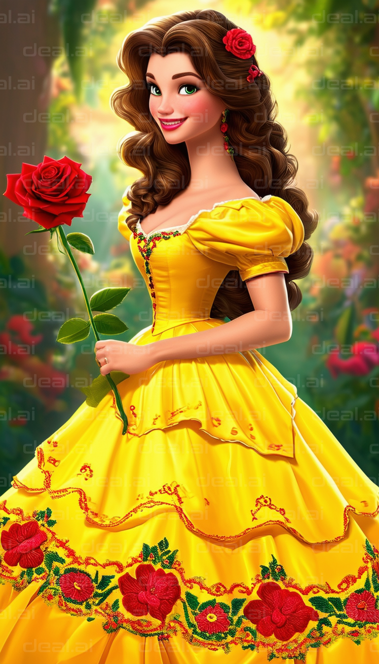 "Lady in Yellow Dress with Red Rose"