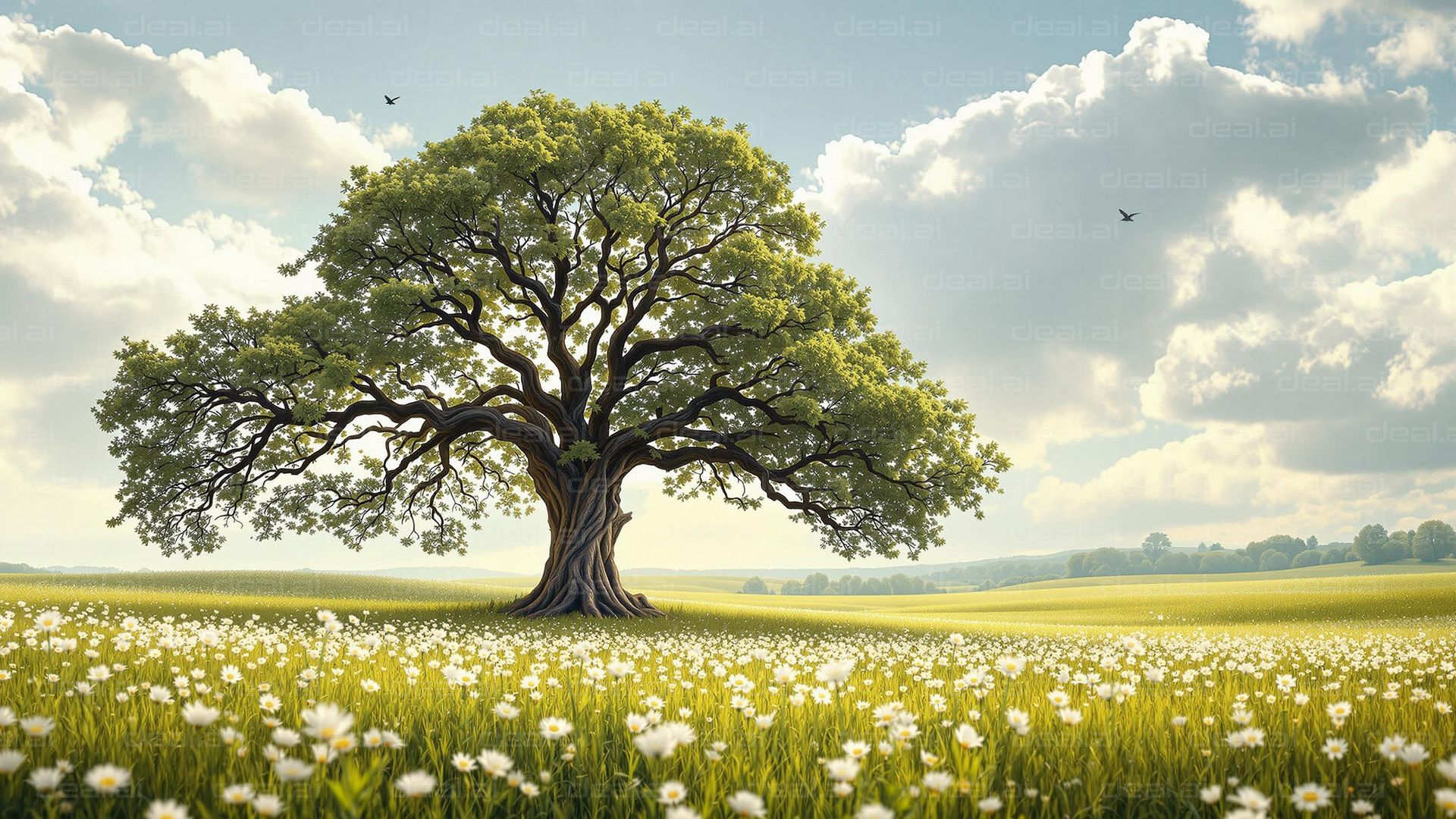 Majestic Tree in Blooming Meadow