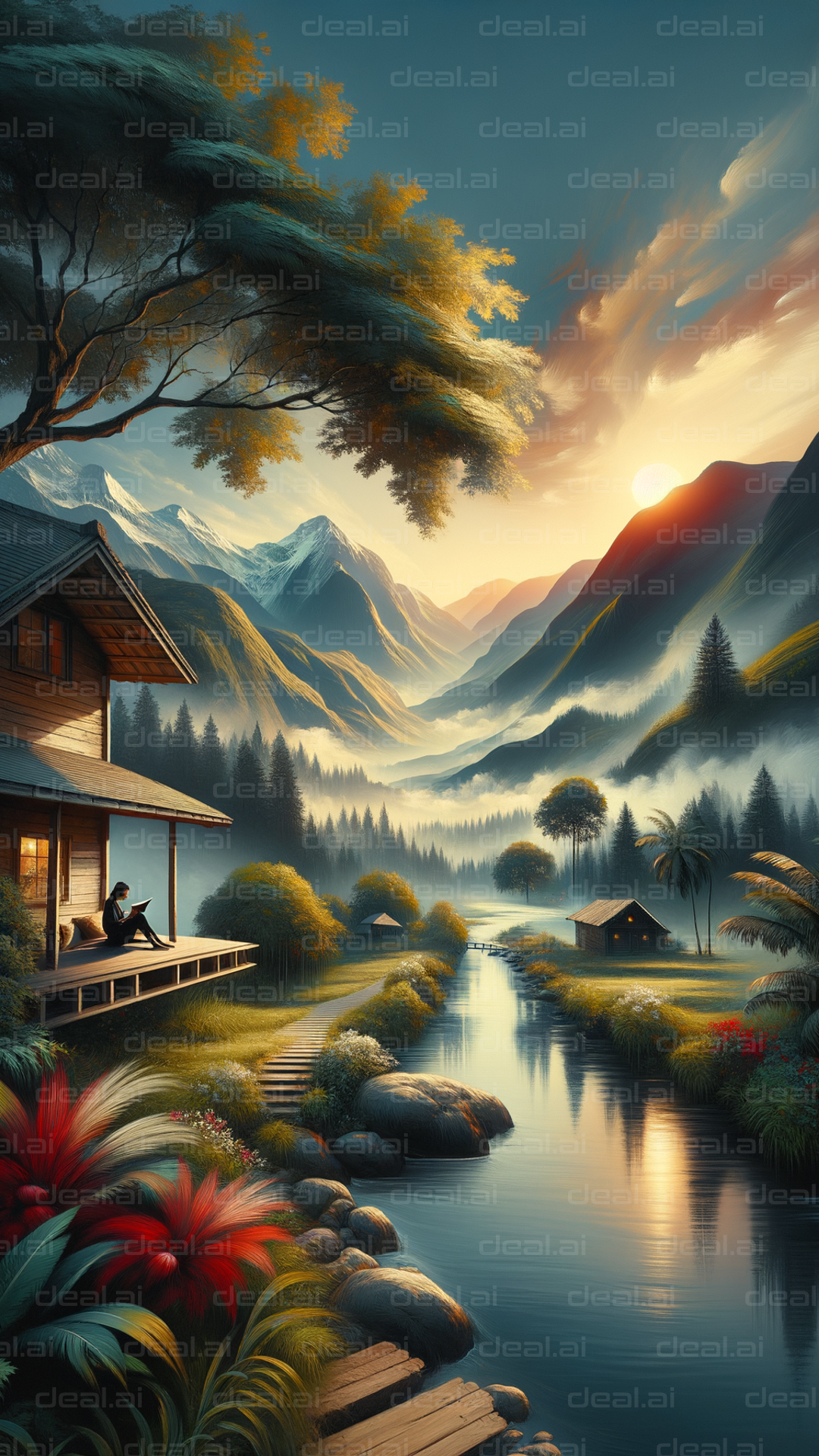 "Mountain Sunrise by the River"