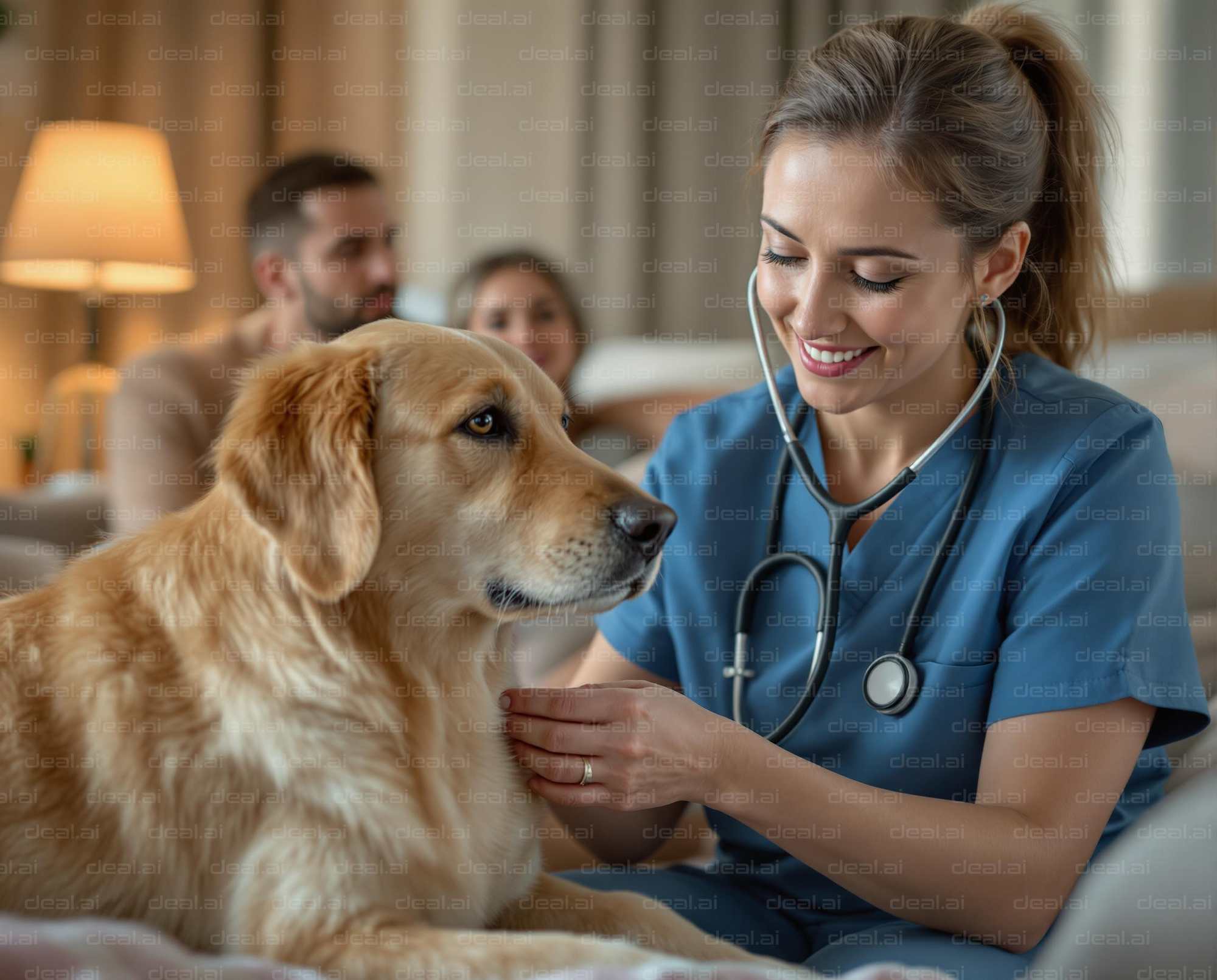 Vet Examines Golden Retriever at Home