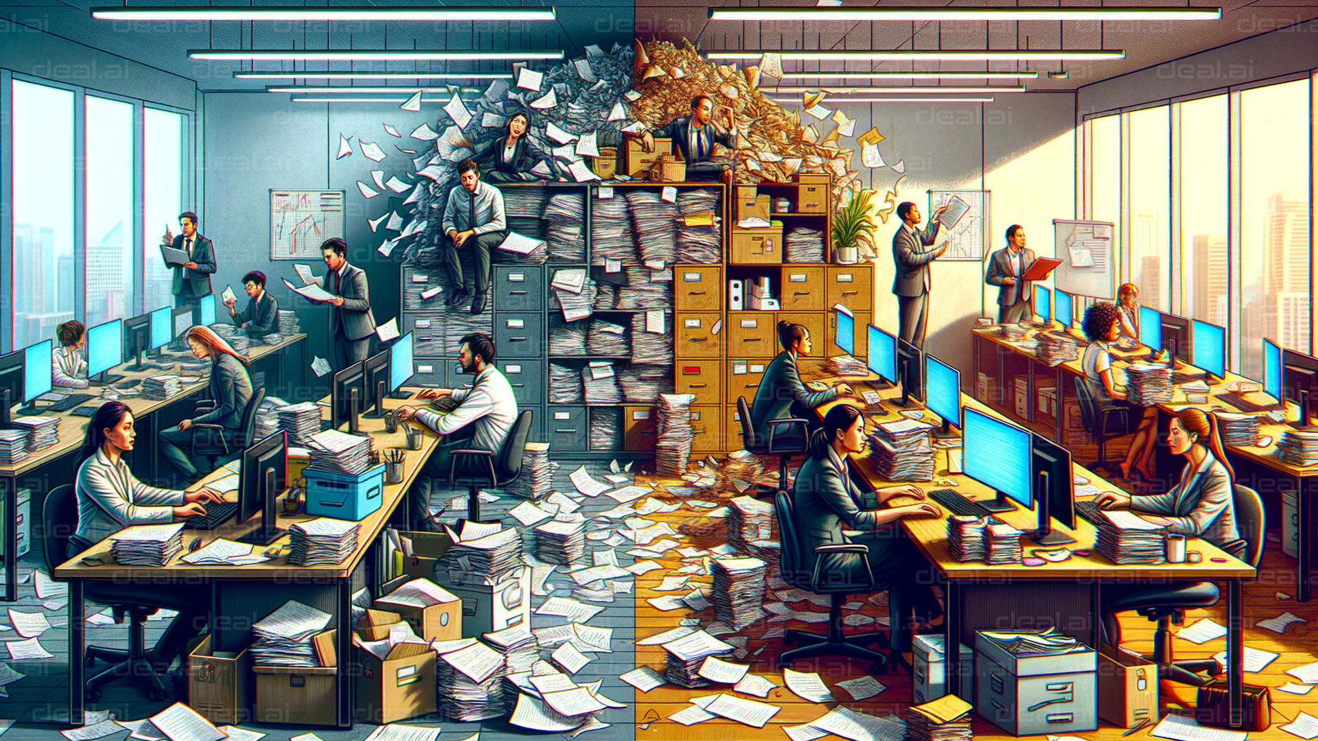 "Modern Office Chaos vs. Organized Efficiency"