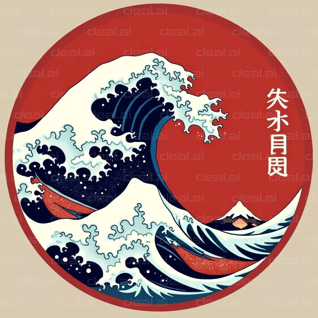 "Wave and Mount Fuji in Red Circle"