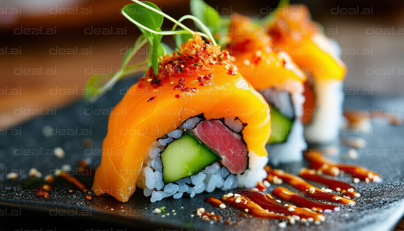 "Fresh Sushi Rolls with Salmon Topping"