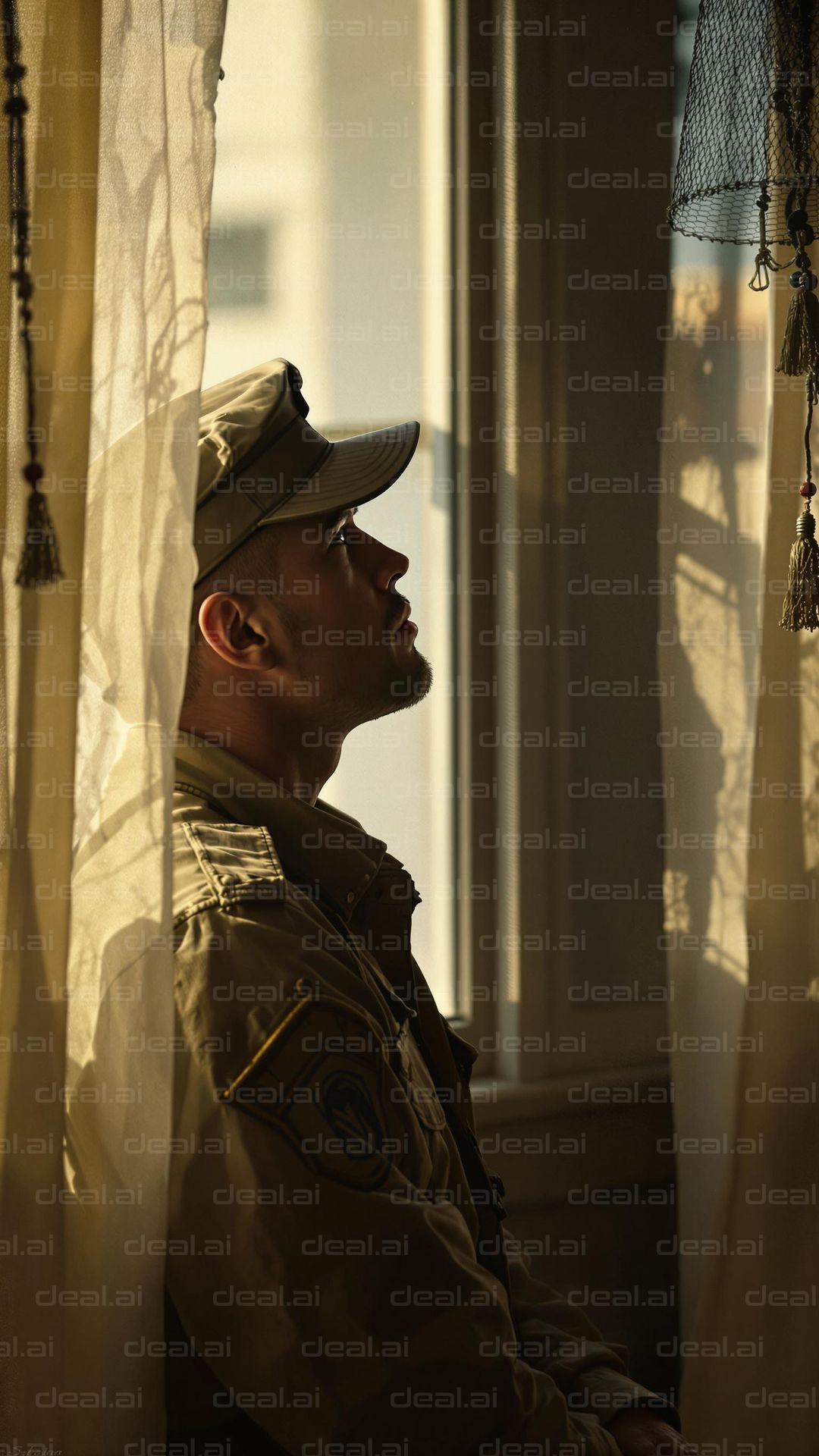 Pensive Soldier in Sunlit Room