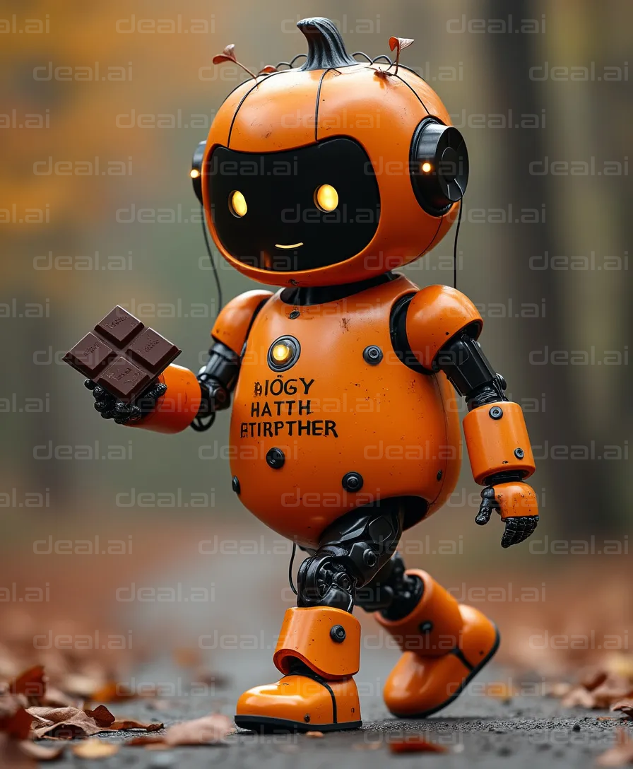 Pumpkin Robot Strolls with Chocolate