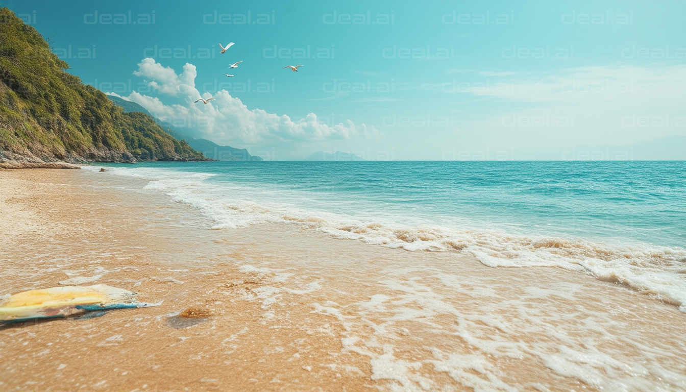 Sunny Beach with Seagulls Flying