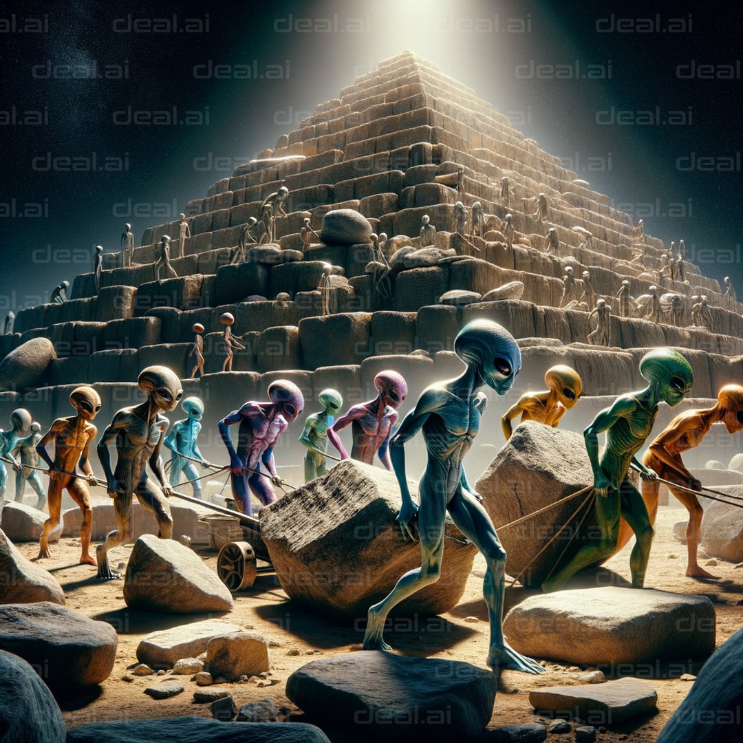 "Aliens Building Ancient Pyramid at Night"