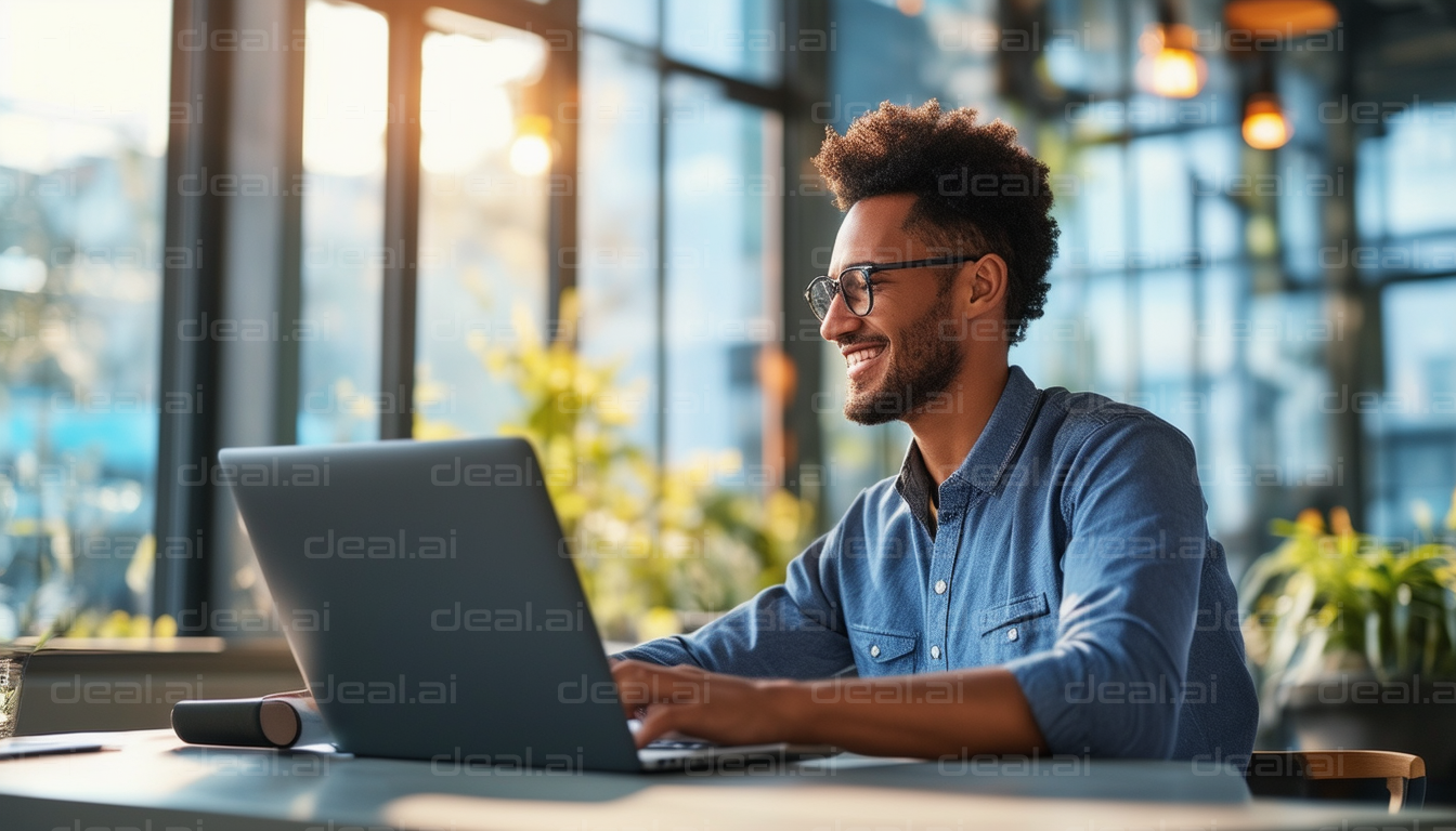 Smiling Man Working on Laptop in Sunlit Room