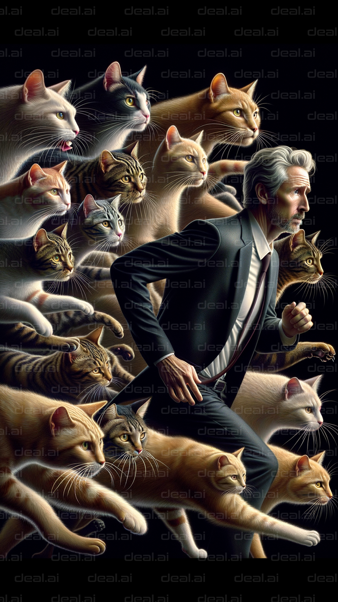 Man in Suit Surrounded by Cats