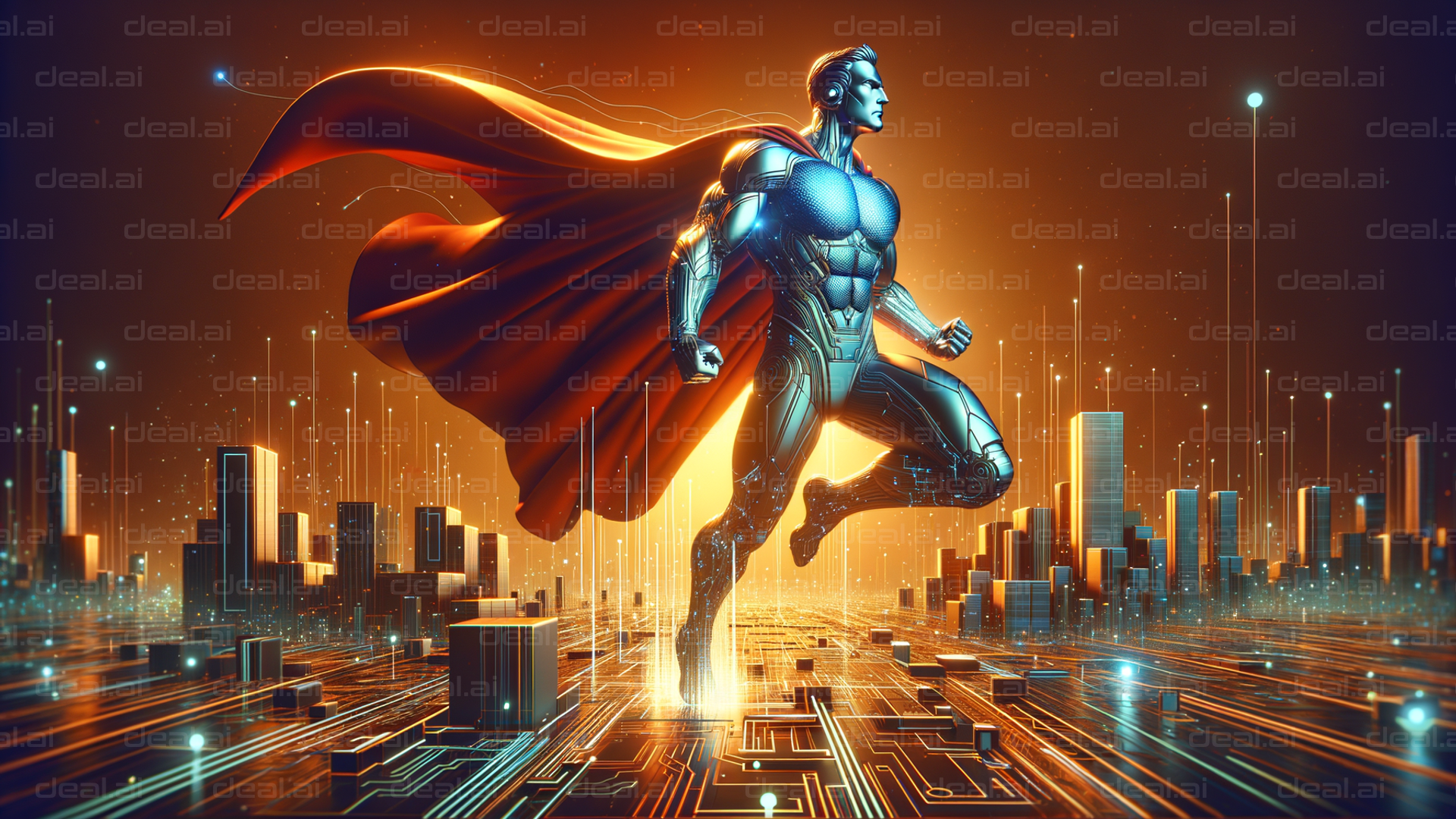 Superhero Over Digital Cityscape
