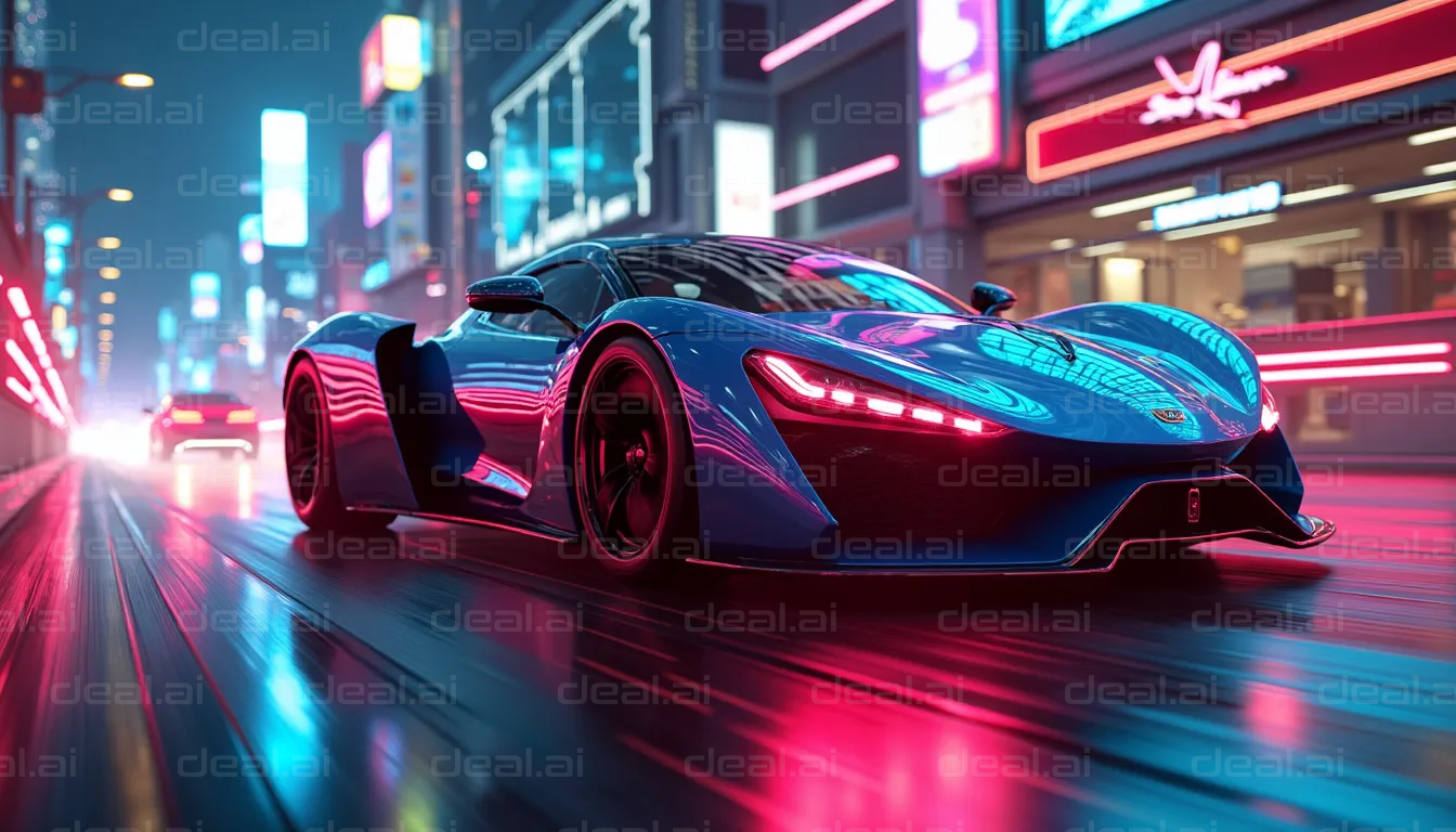 Futuristic Supercar in Neon City Lights