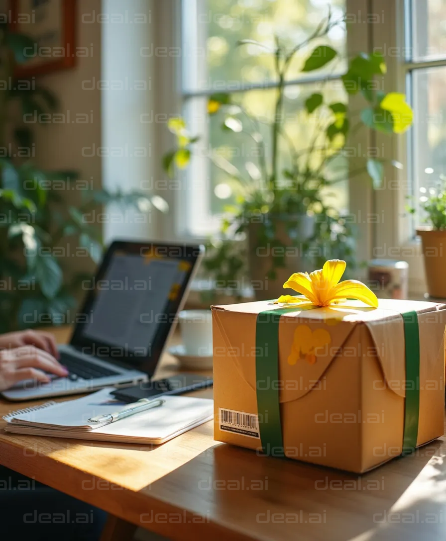 "Gift Box in a Sunlit Workspace"