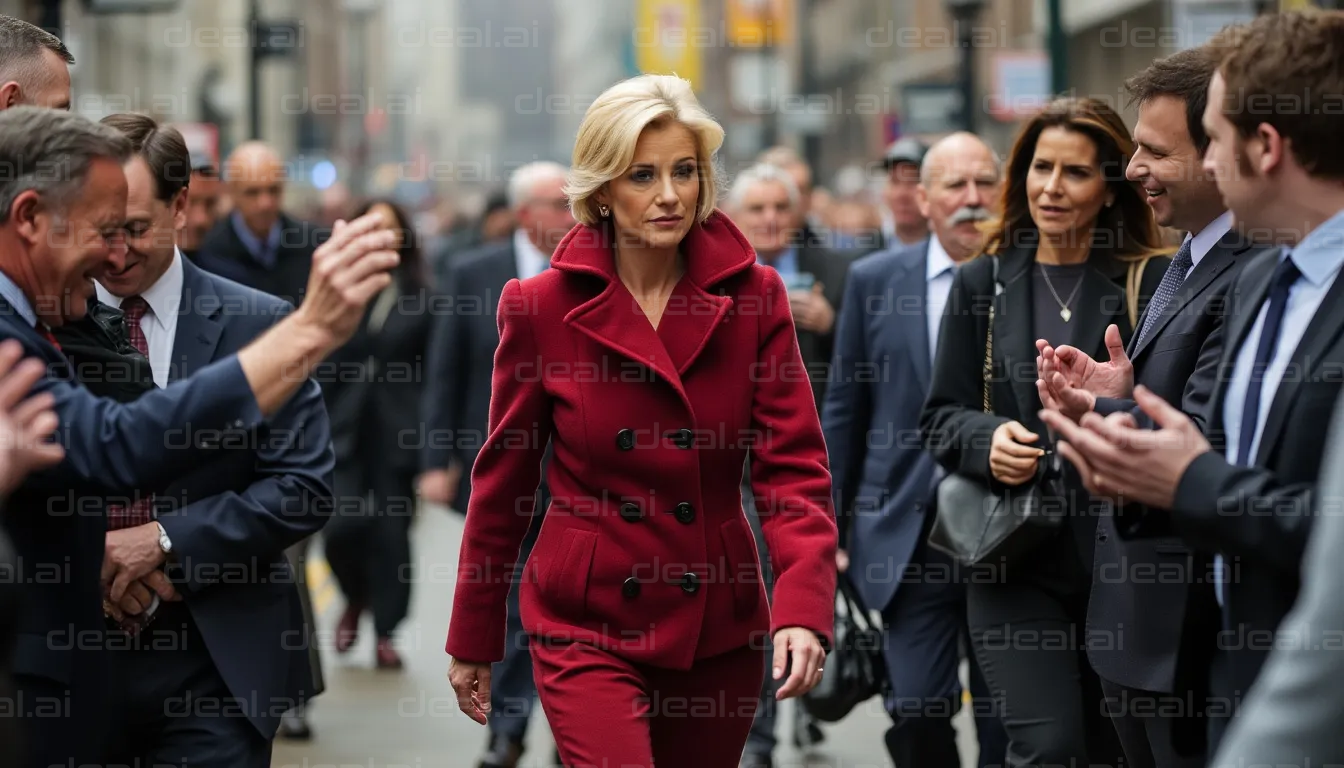Confident Walk in Red Suit