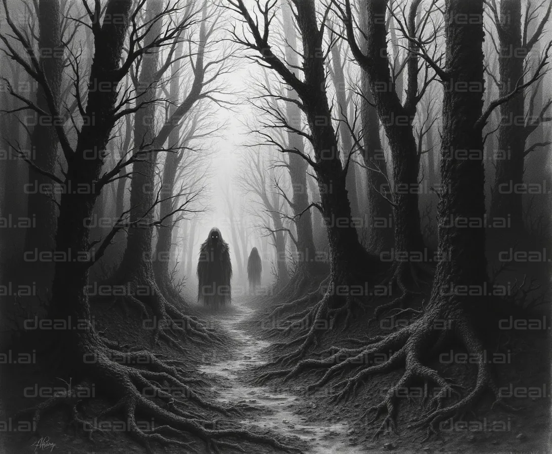 "Mysterious Figures in Dark Forest"