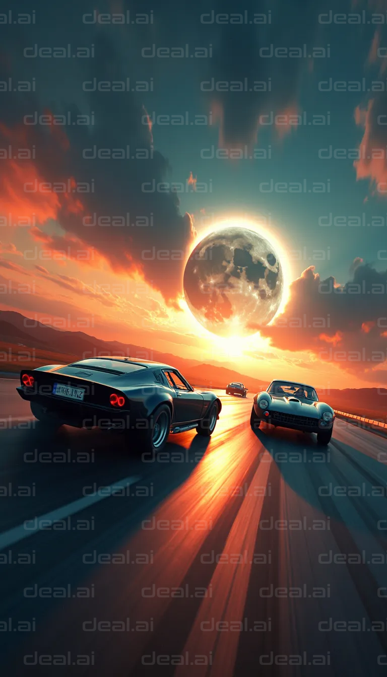 "Moonlit Racing at Sunset"