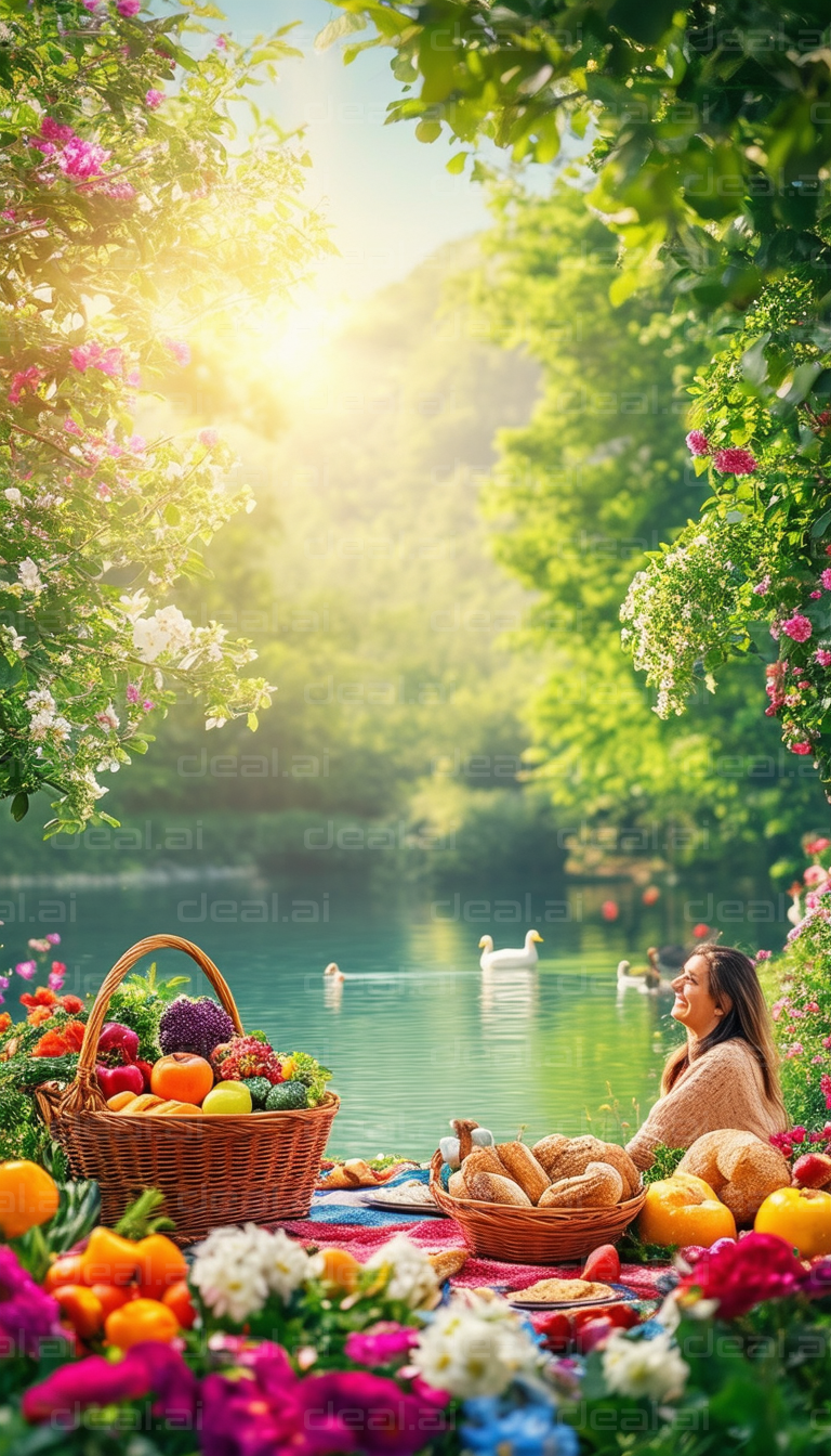 Serene Lakeside Picnic in Bloom