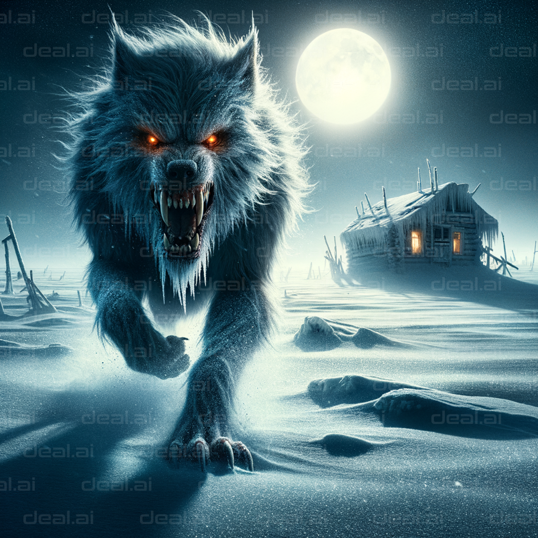 "Moonlit Werewolf in Snowy Wilderness"