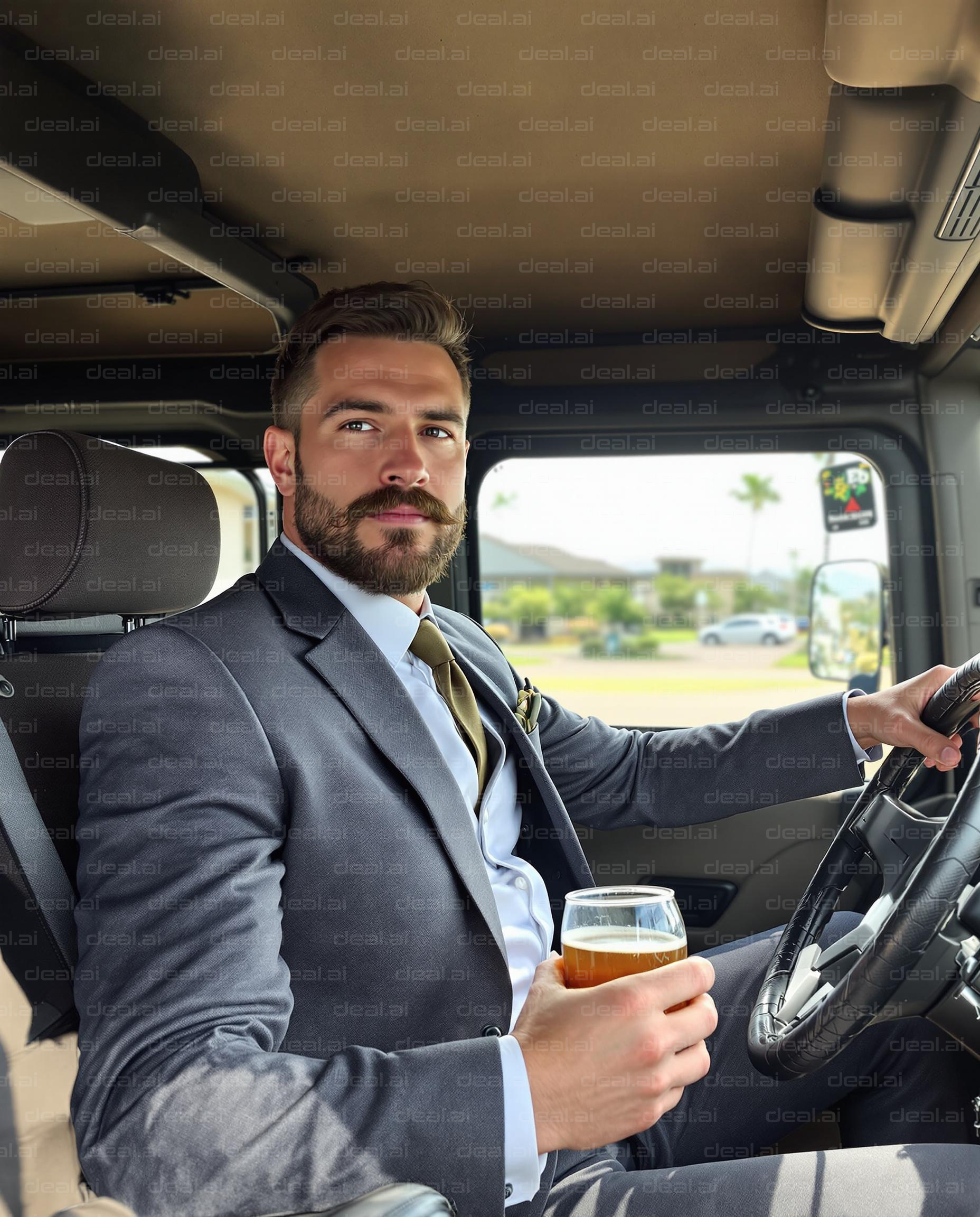 "Stylish Driver with a Beverage"