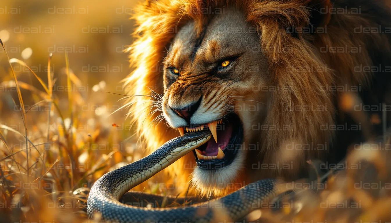 Lion's Fierce Showdown with Snake