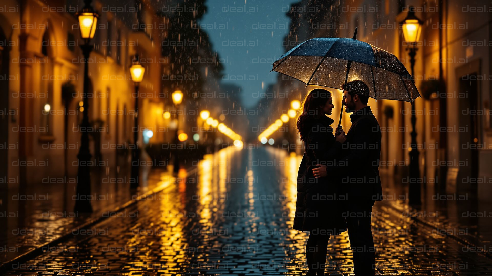 "Romantic Evening Stroll in the Rain"