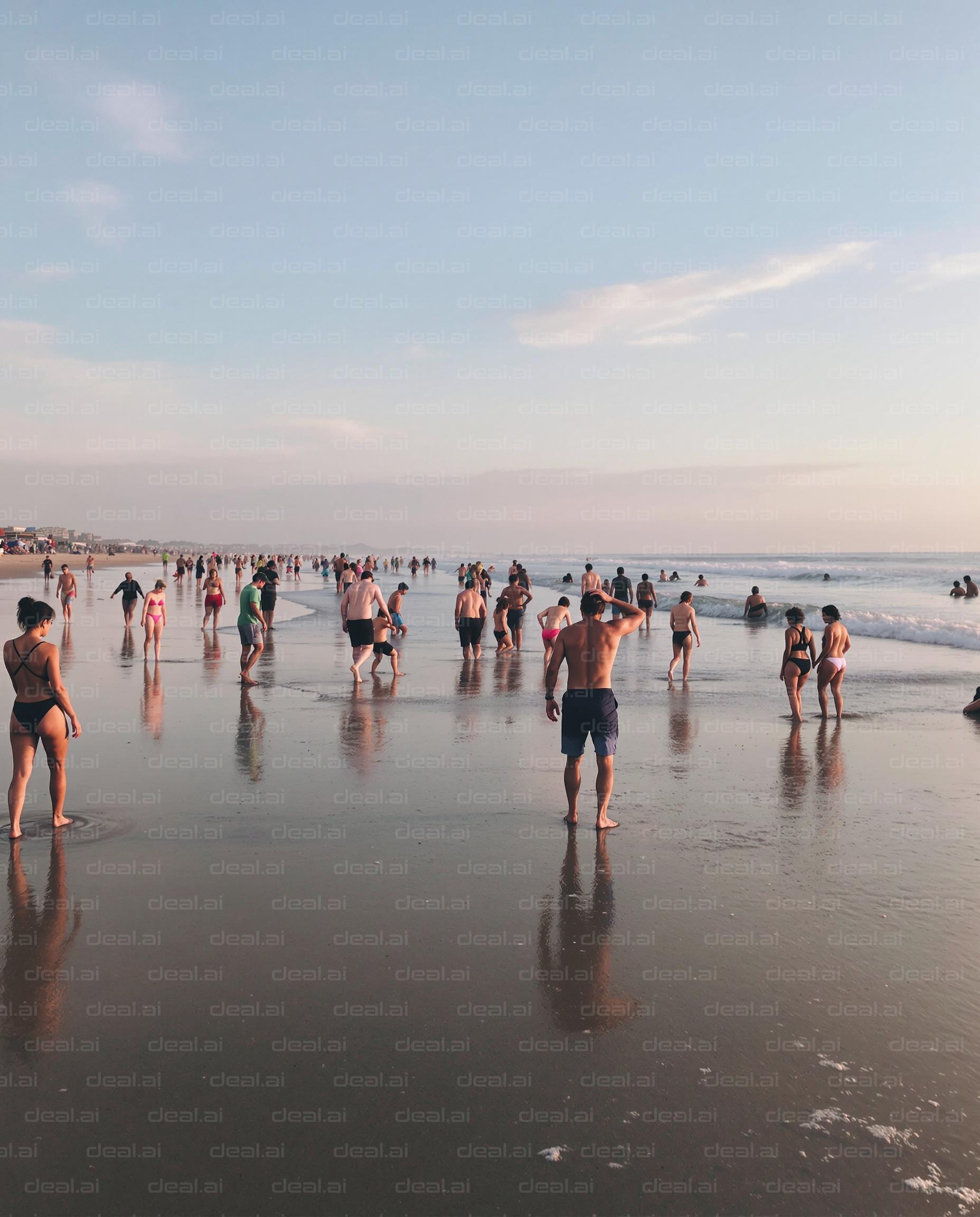 Crowded Beach at Sunset