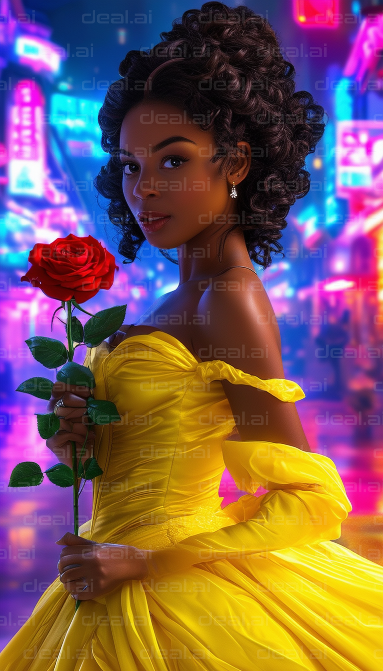 Elegant Lady with Rose in Neon Lights