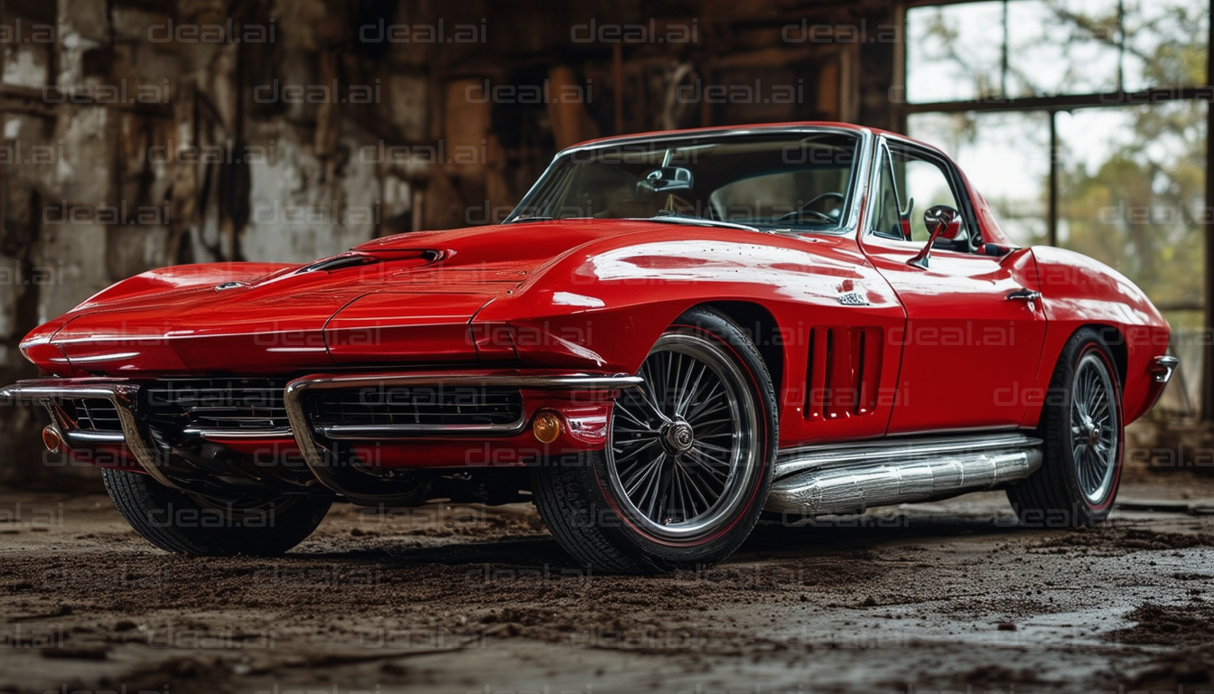 "Classic Red Sports Car in Warehouse"