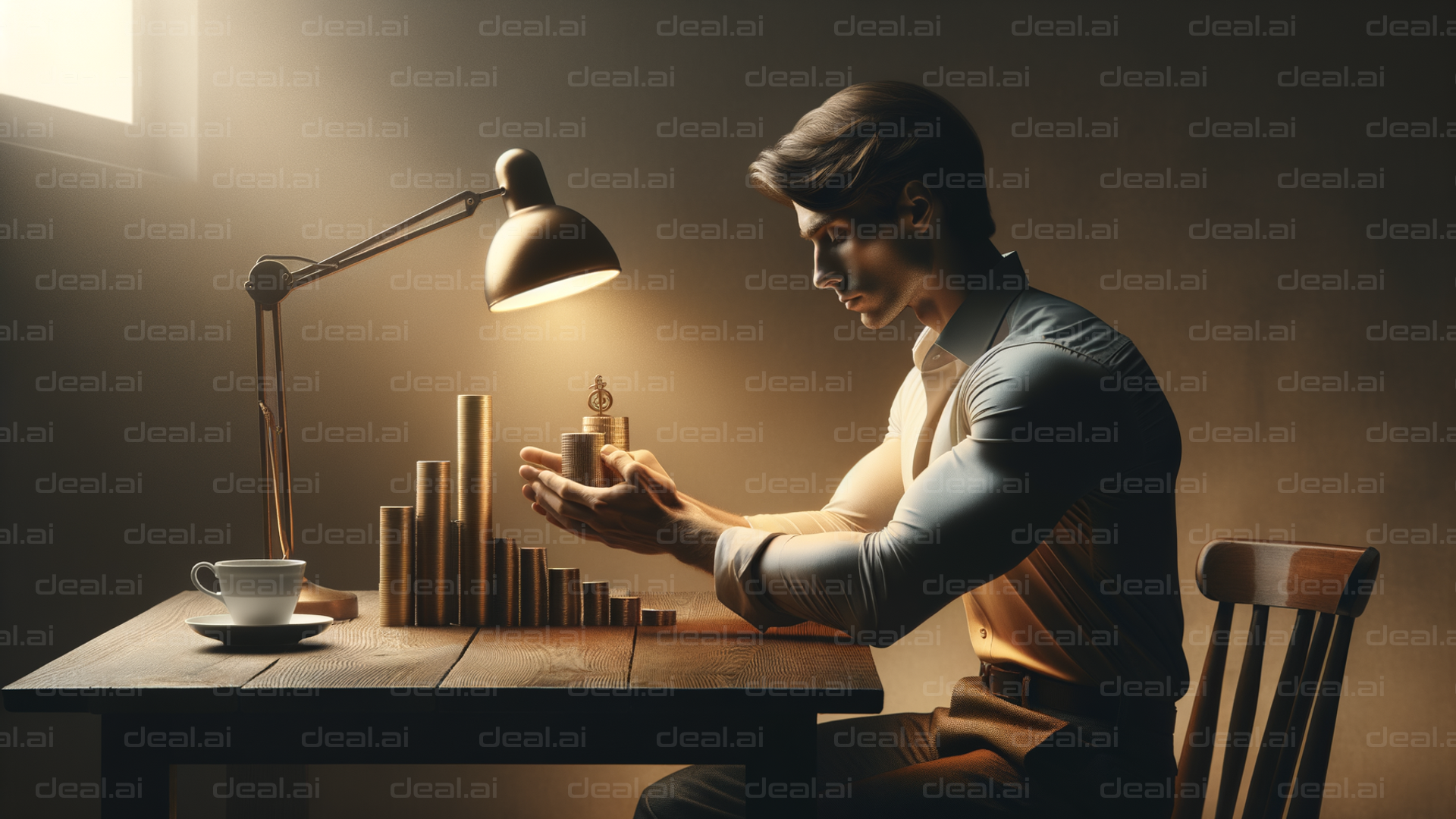 "Contemplating Wealth at Desk"