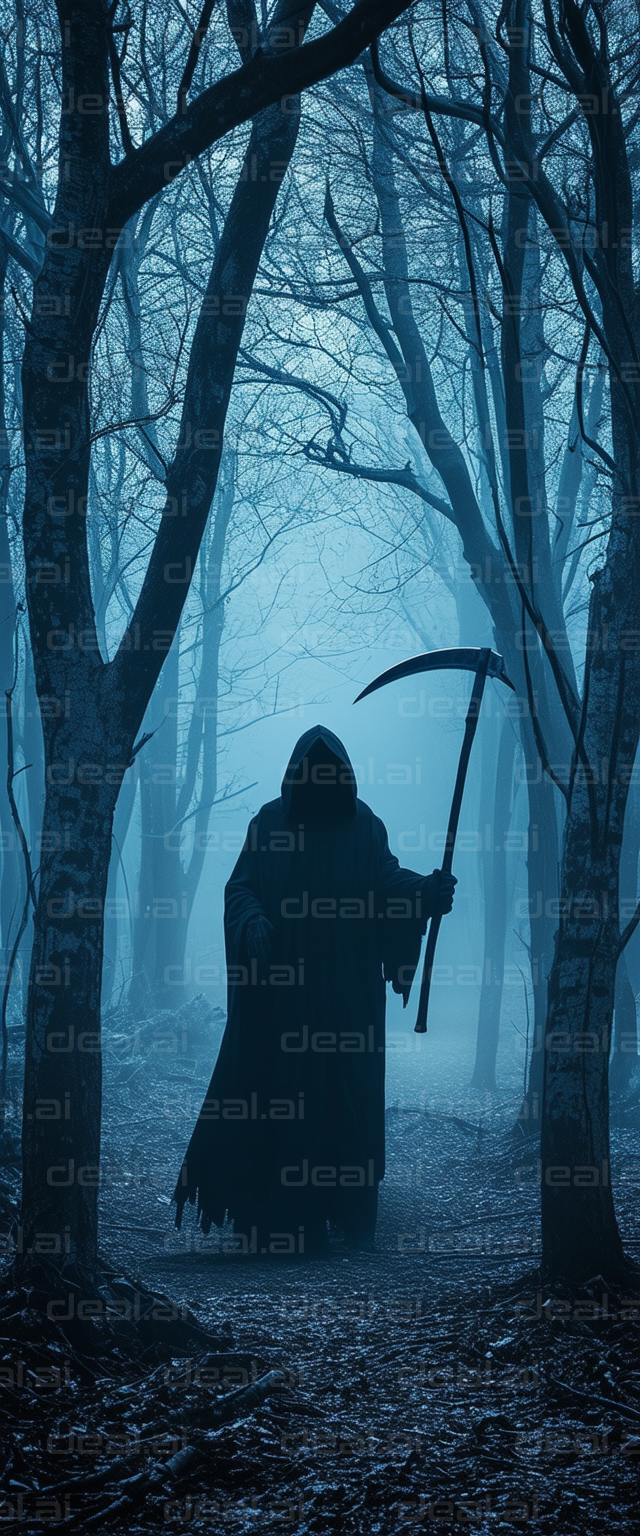 "Grim Reaper in Creepy Misty Forest"