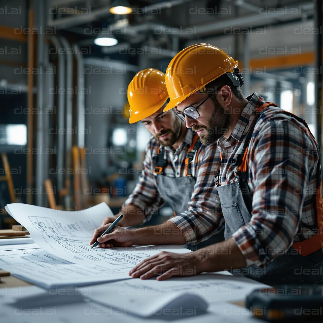 Engineers Reviewing Blueprints on Site