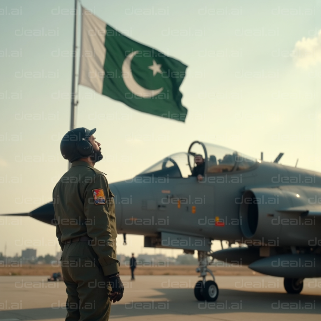 Pilot and Jet Beside National Flag