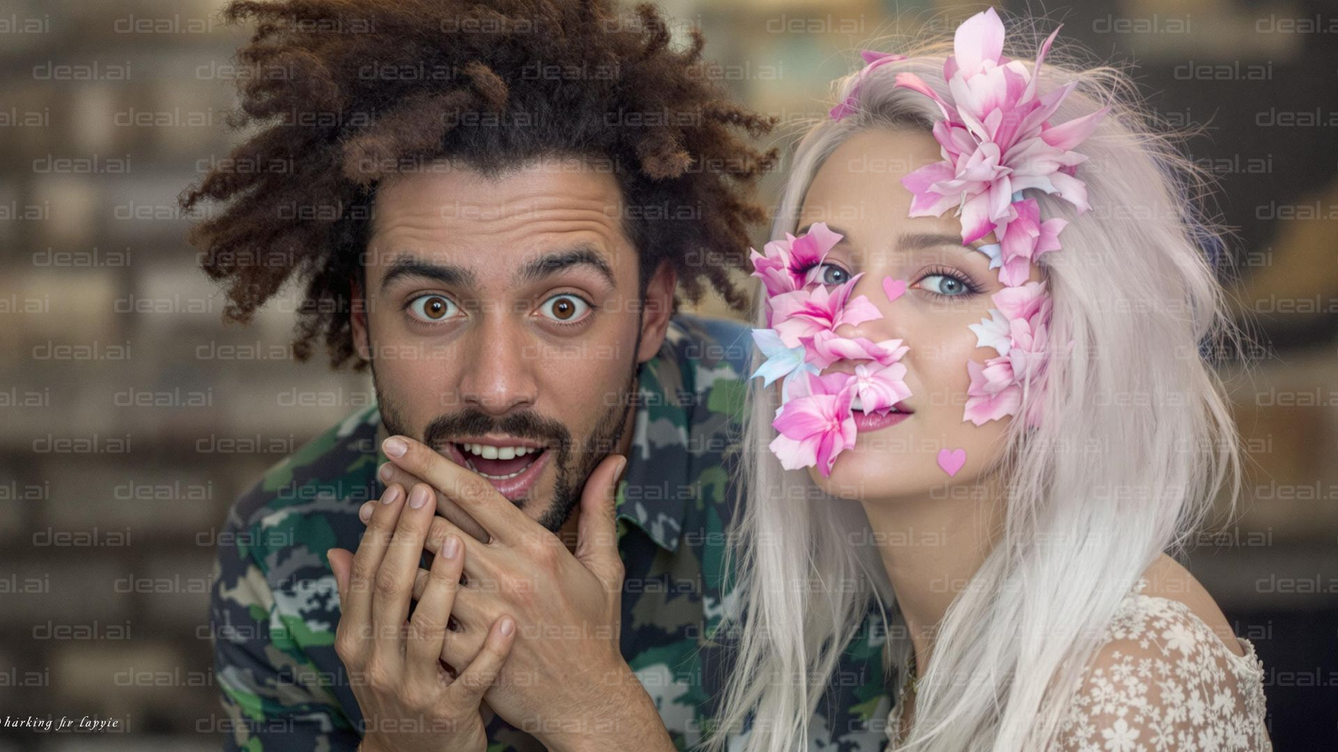 Surprised Duo with Floral Mask