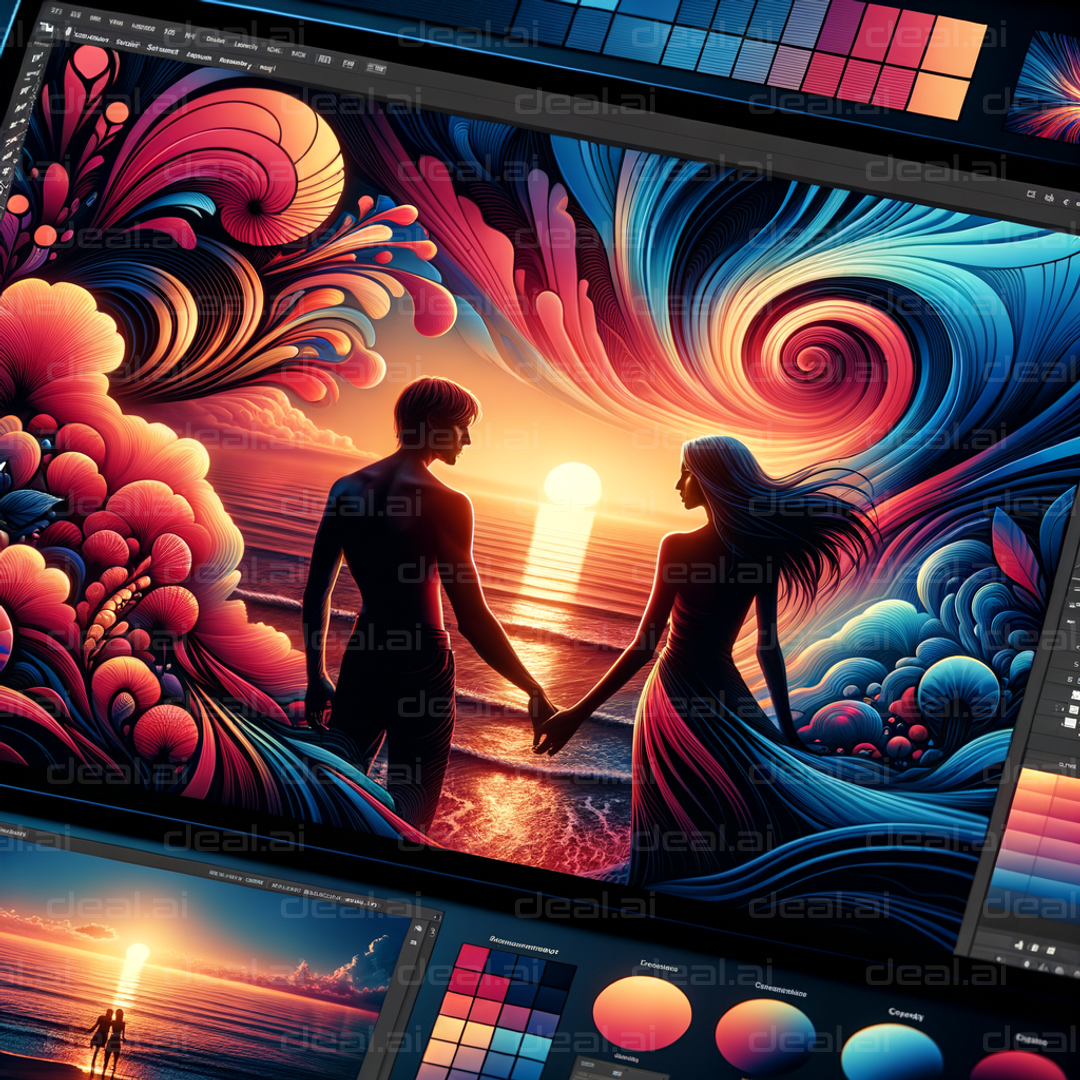 "Digital Art: Couple at a Surreal Sunset"