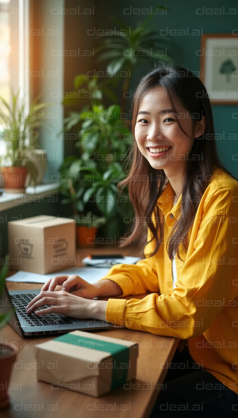 Smiling Woman Working at Home Office Desk