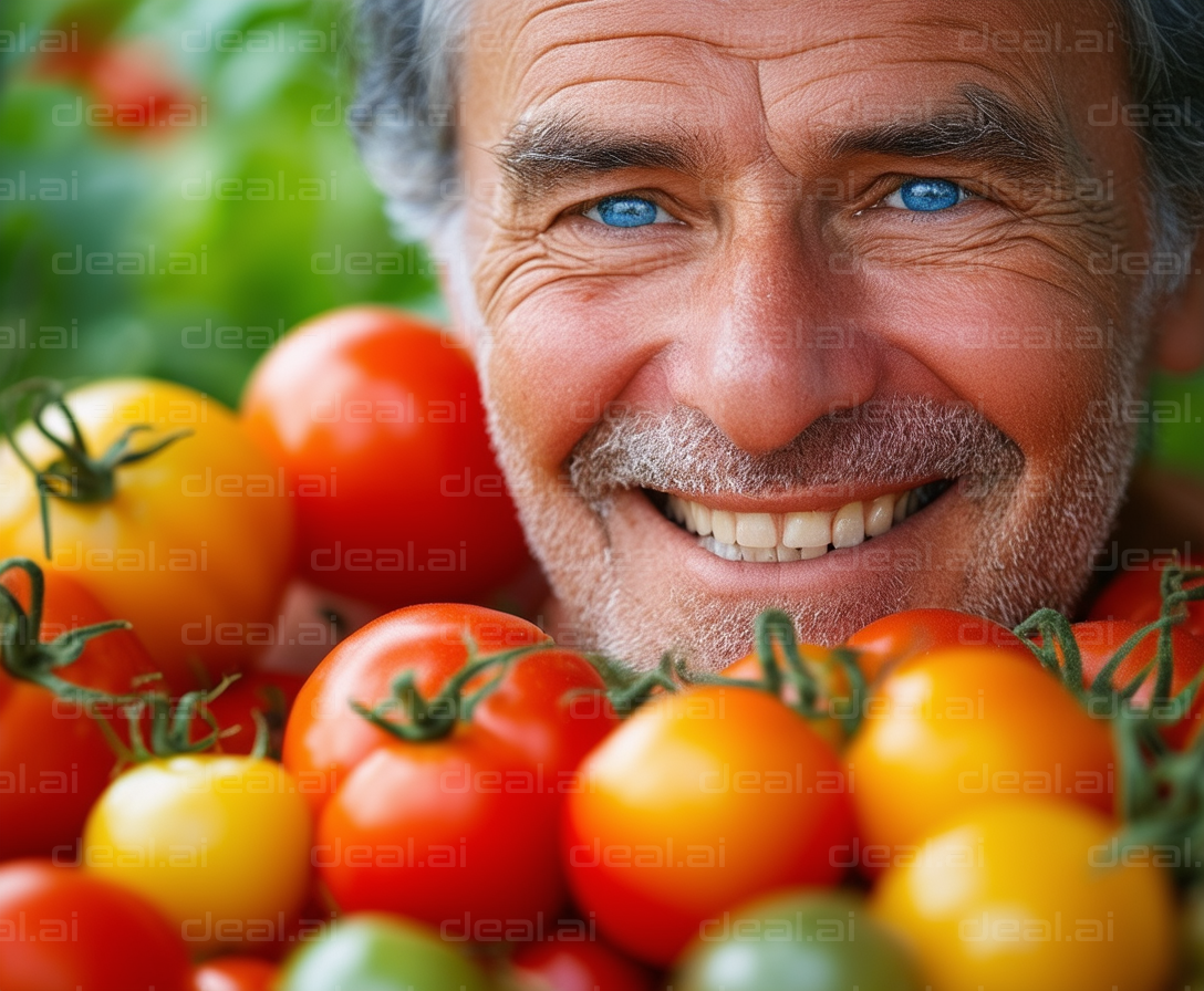 Man Among Freshly Picked Tomatoes