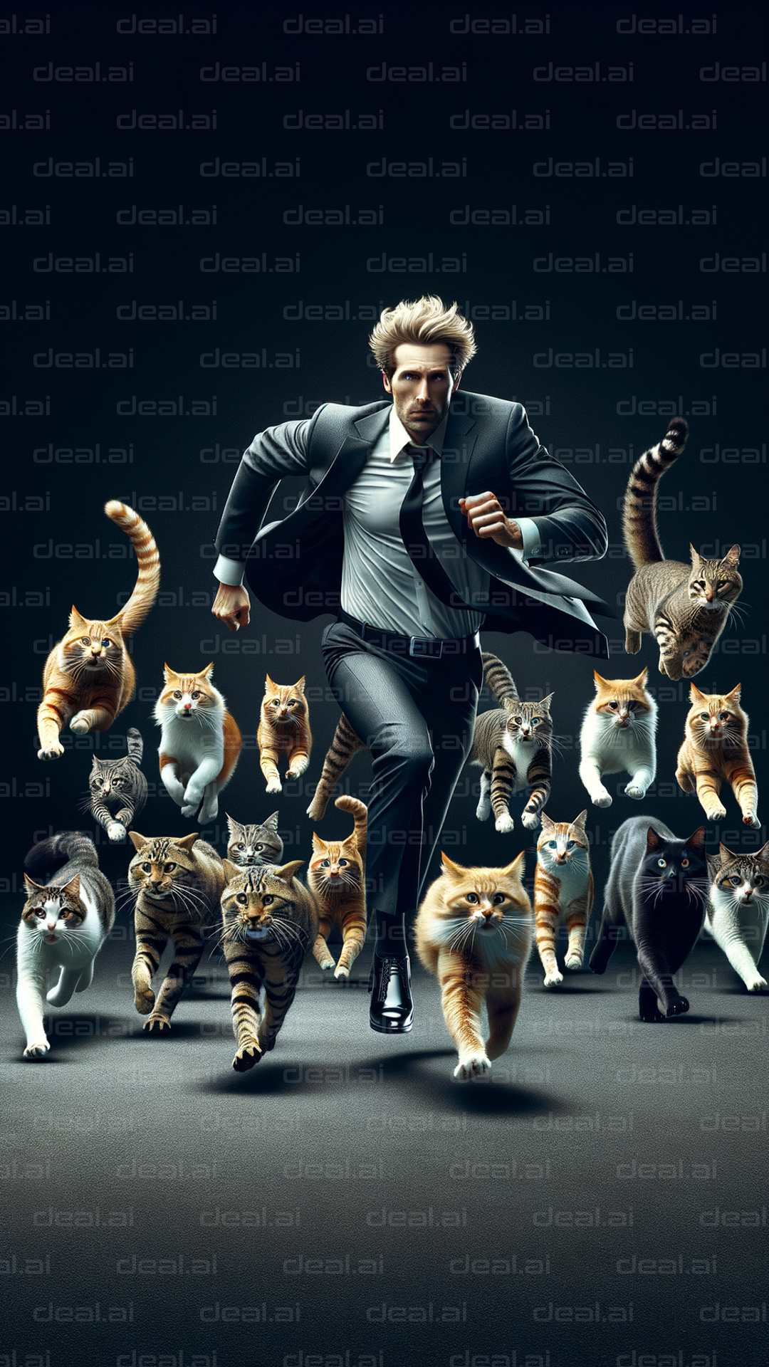 "Man in Suit Running with Cats"