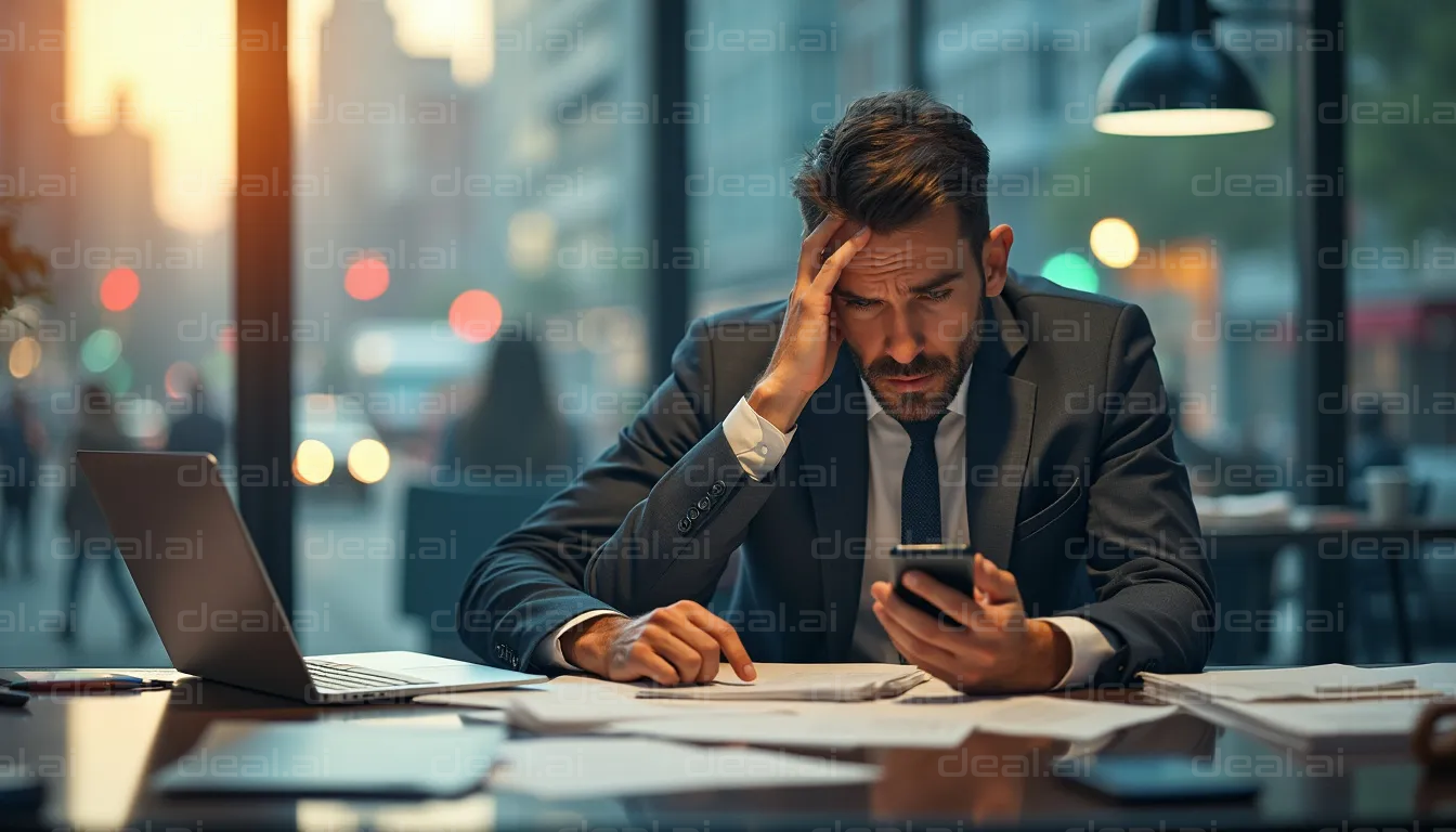 Worried Businessman Checking Phone at Work