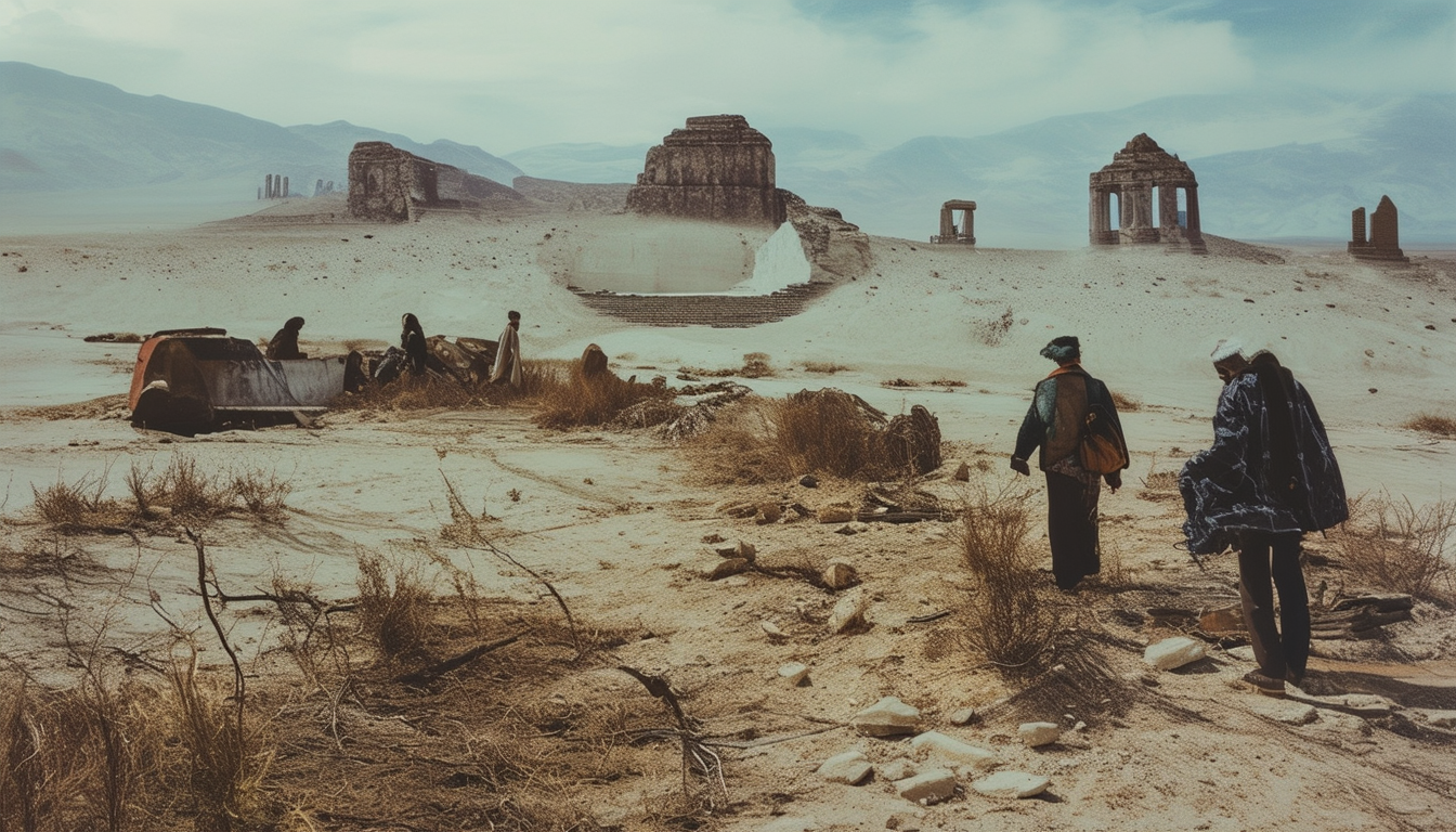 Explorers Among Desert Ruins