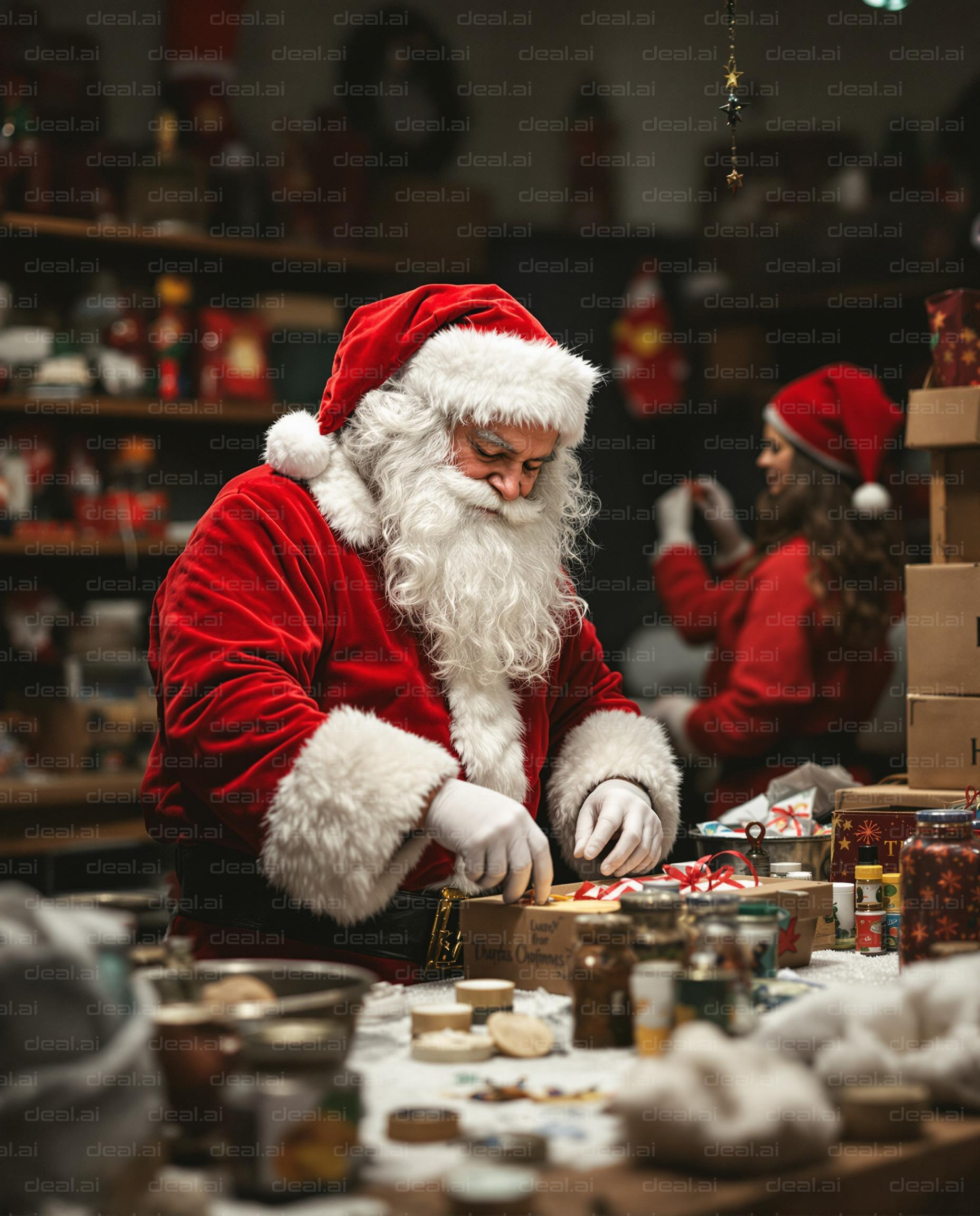 Santa Wrapping Presents in Workshop