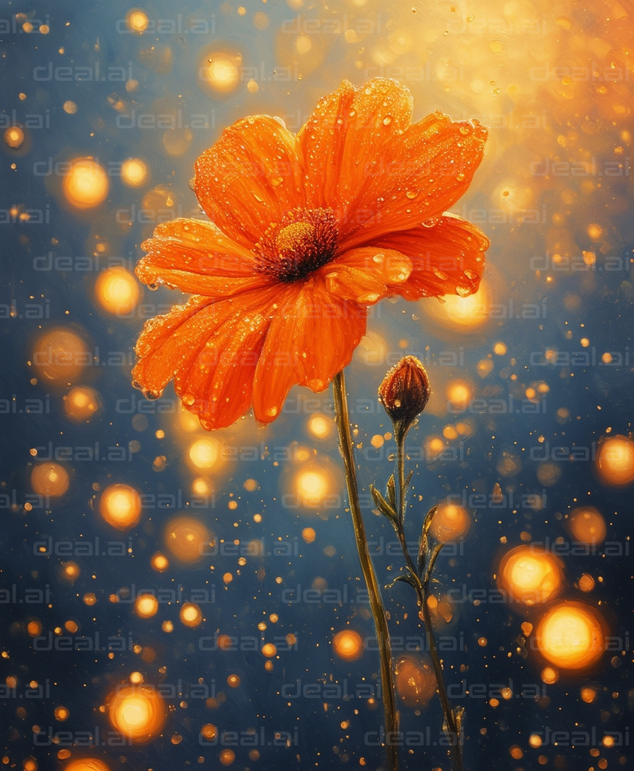 "Glowing Orange Flower in Dewy Light"