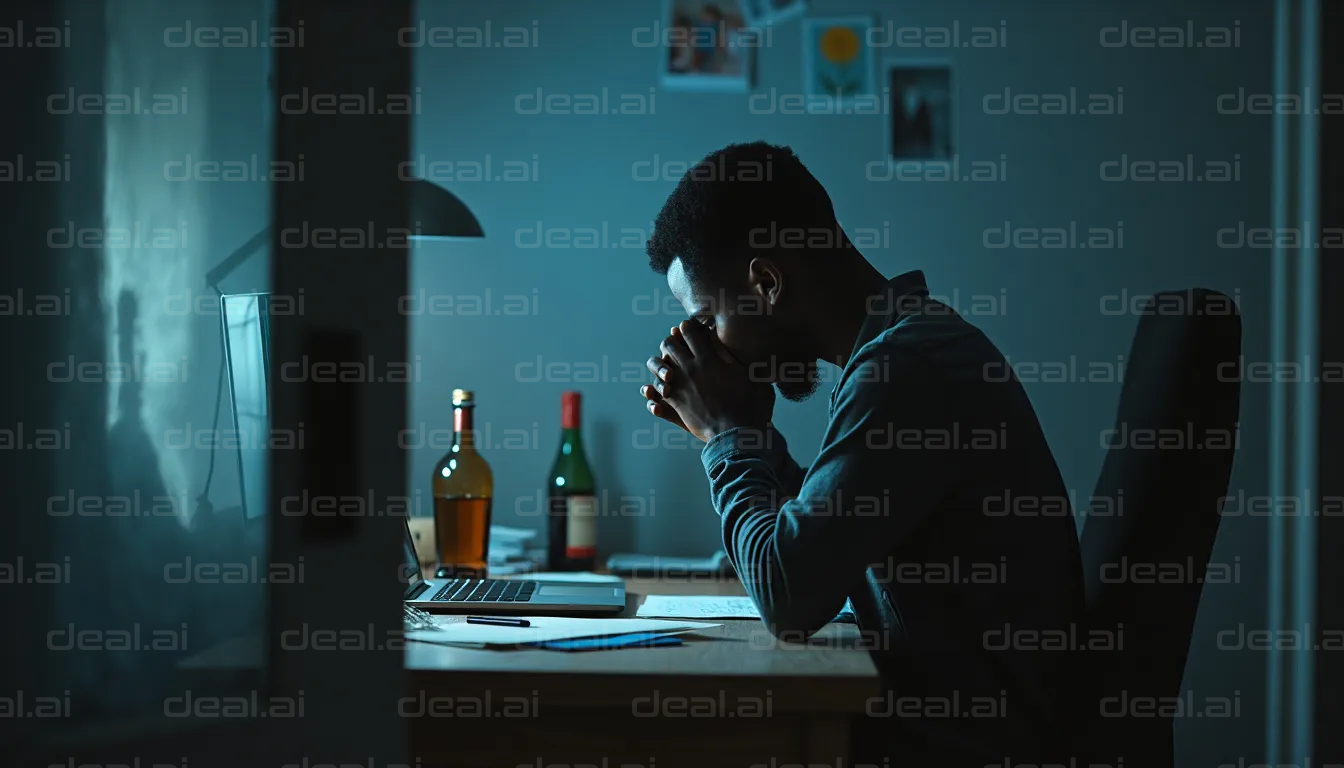 "Man Deep in Thought at Desk Late at Night"