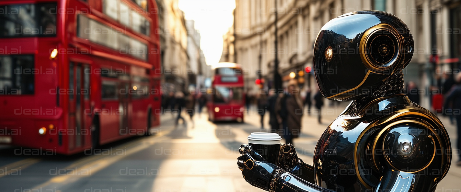 "Robot Sipping Coffee in Busy City"